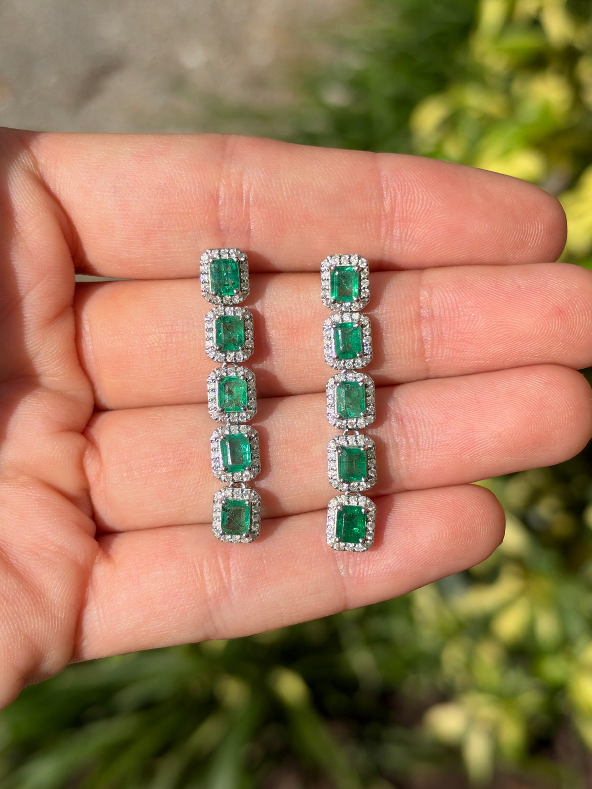 4.70tcw 14K Natural Emerald Cut Emerald & Diamond Halo Chandelier Earrings