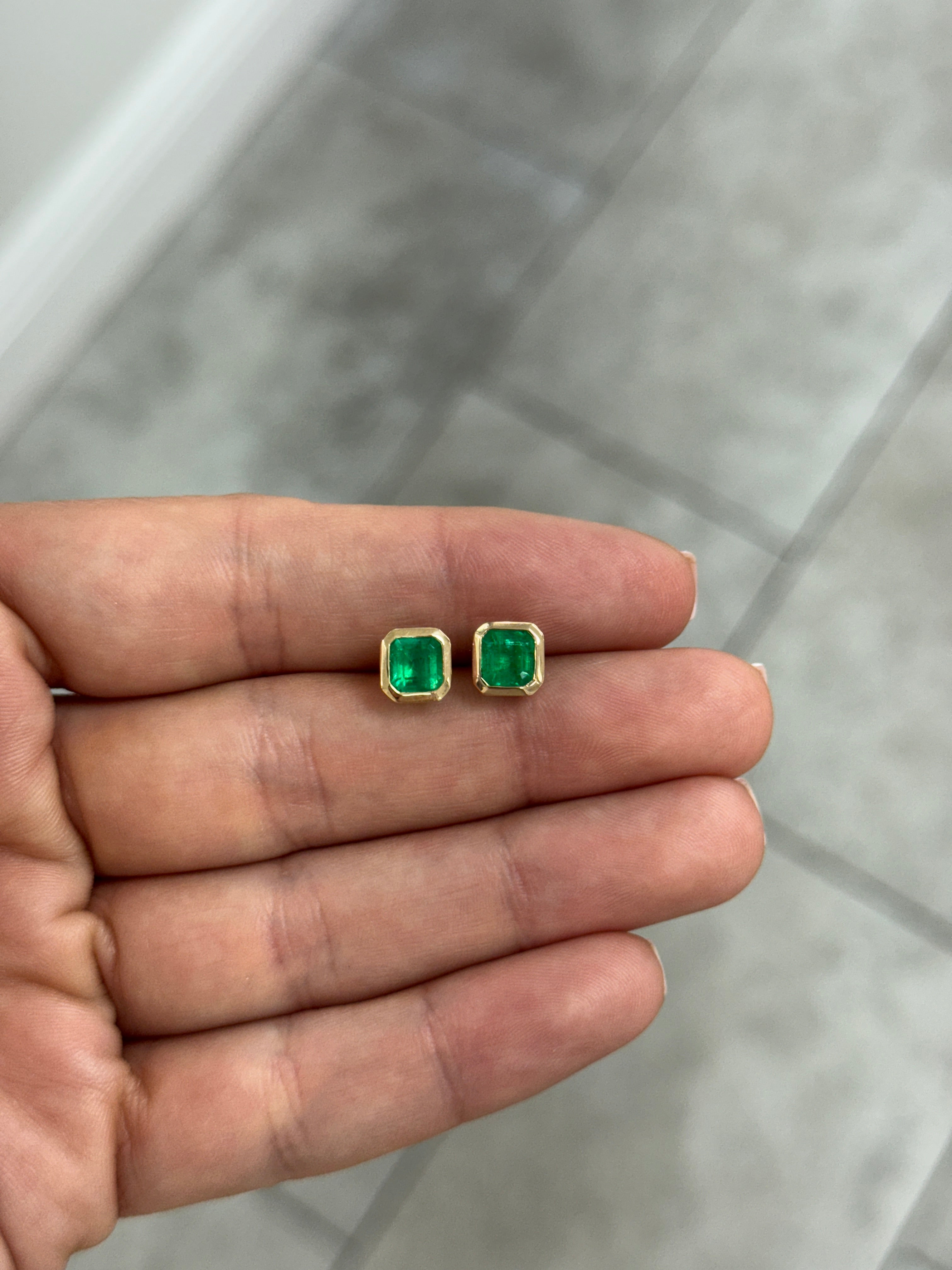 2.19tcw Fine Yellowish Green Asscher Cut Colombian Emerald Bezel Studs 18K