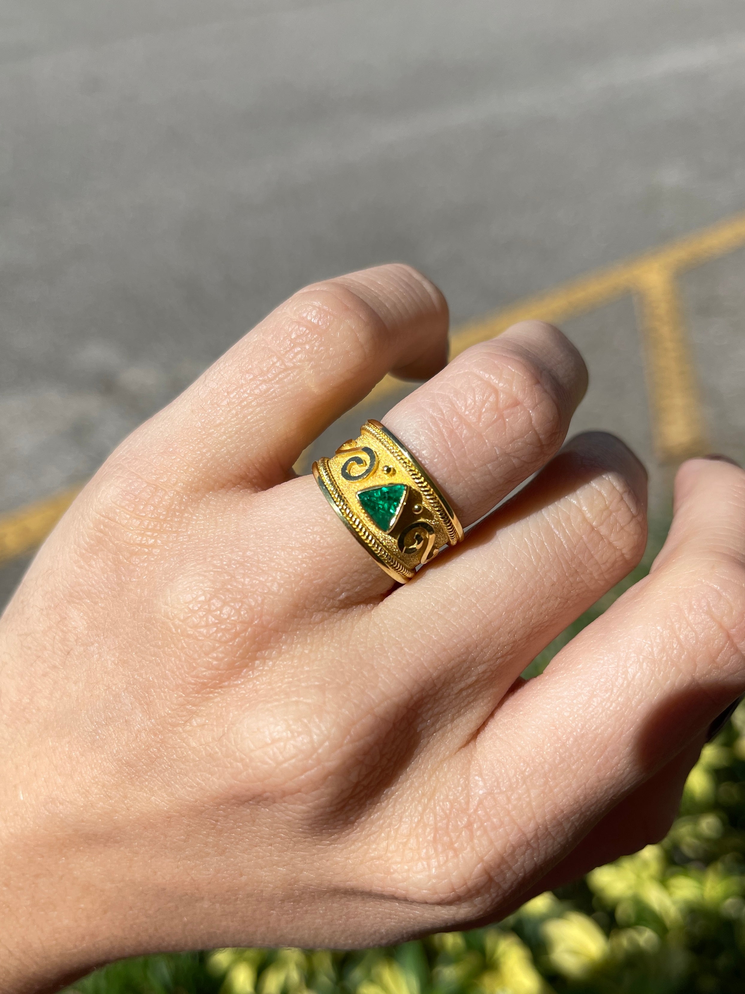 18K Byzantine Trillion Emerald Solitaire Ring Size 6 - JR Colombian Emeralds
