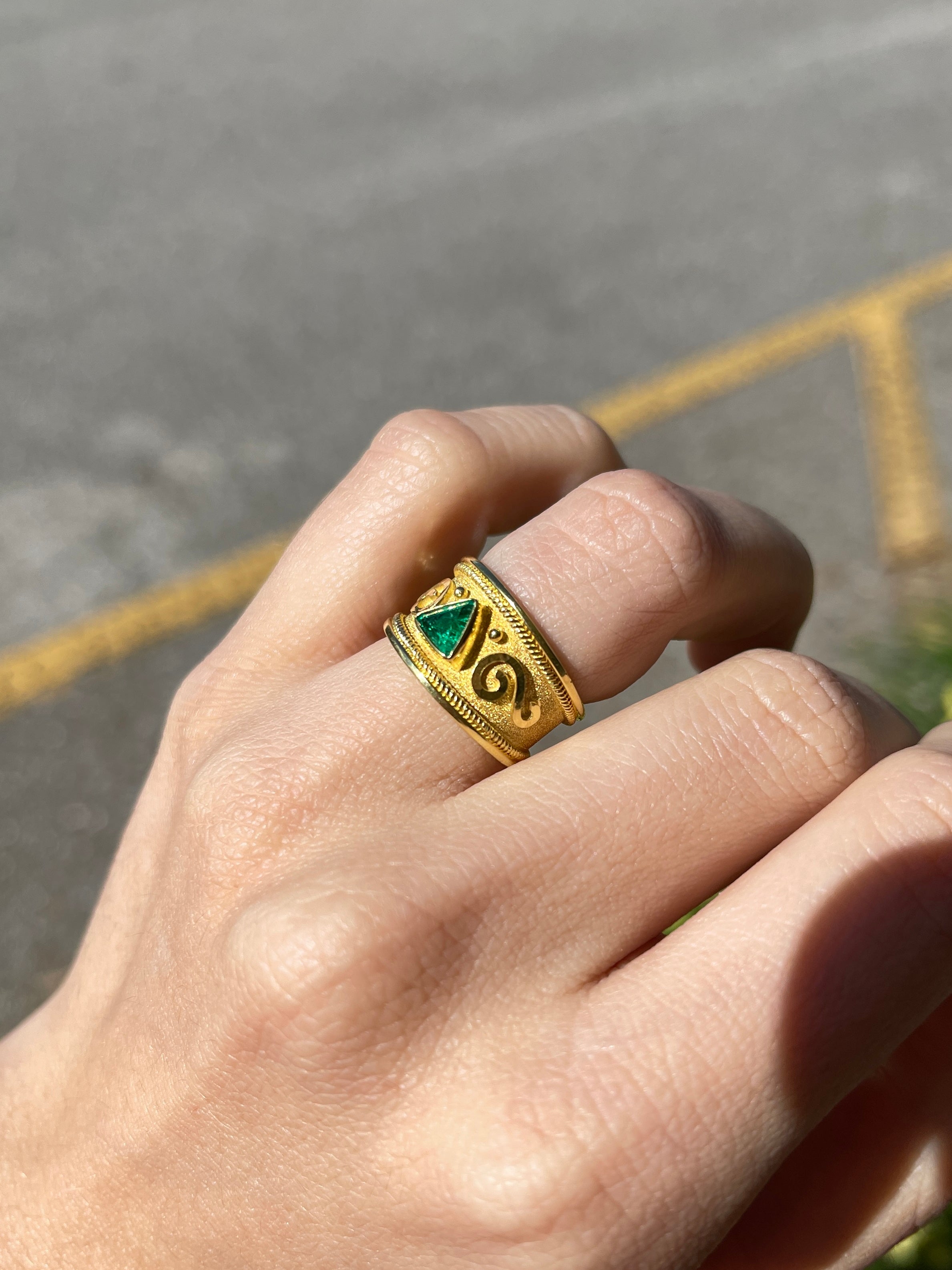 18K Byzantine Trillion Emerald Solitaire Ring Size 6 - JR Colombian Emeralds
