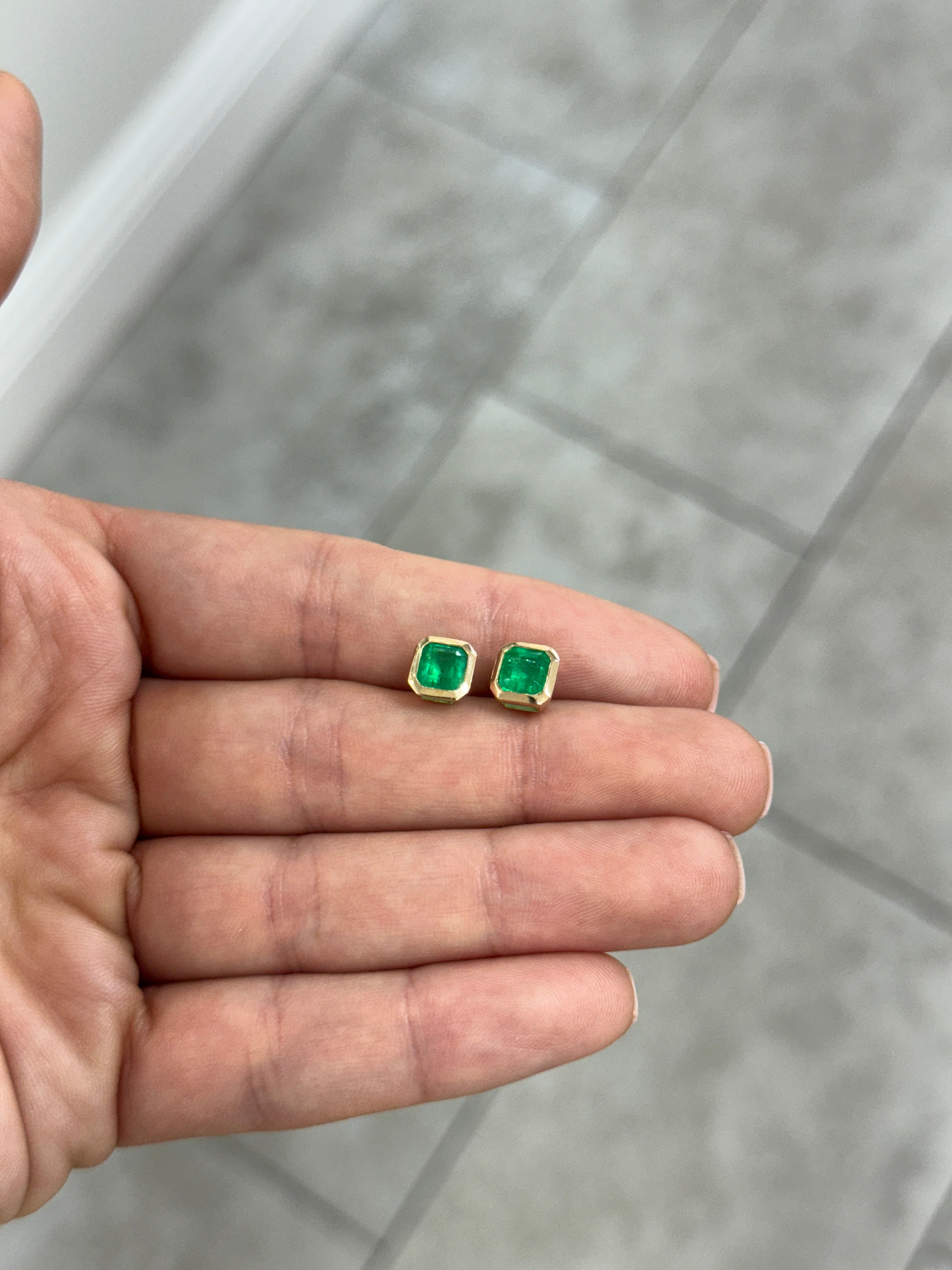 2.19tcw Fine Yellowish Green Asscher Cut Colombian Emerald Bezel Studs 18K