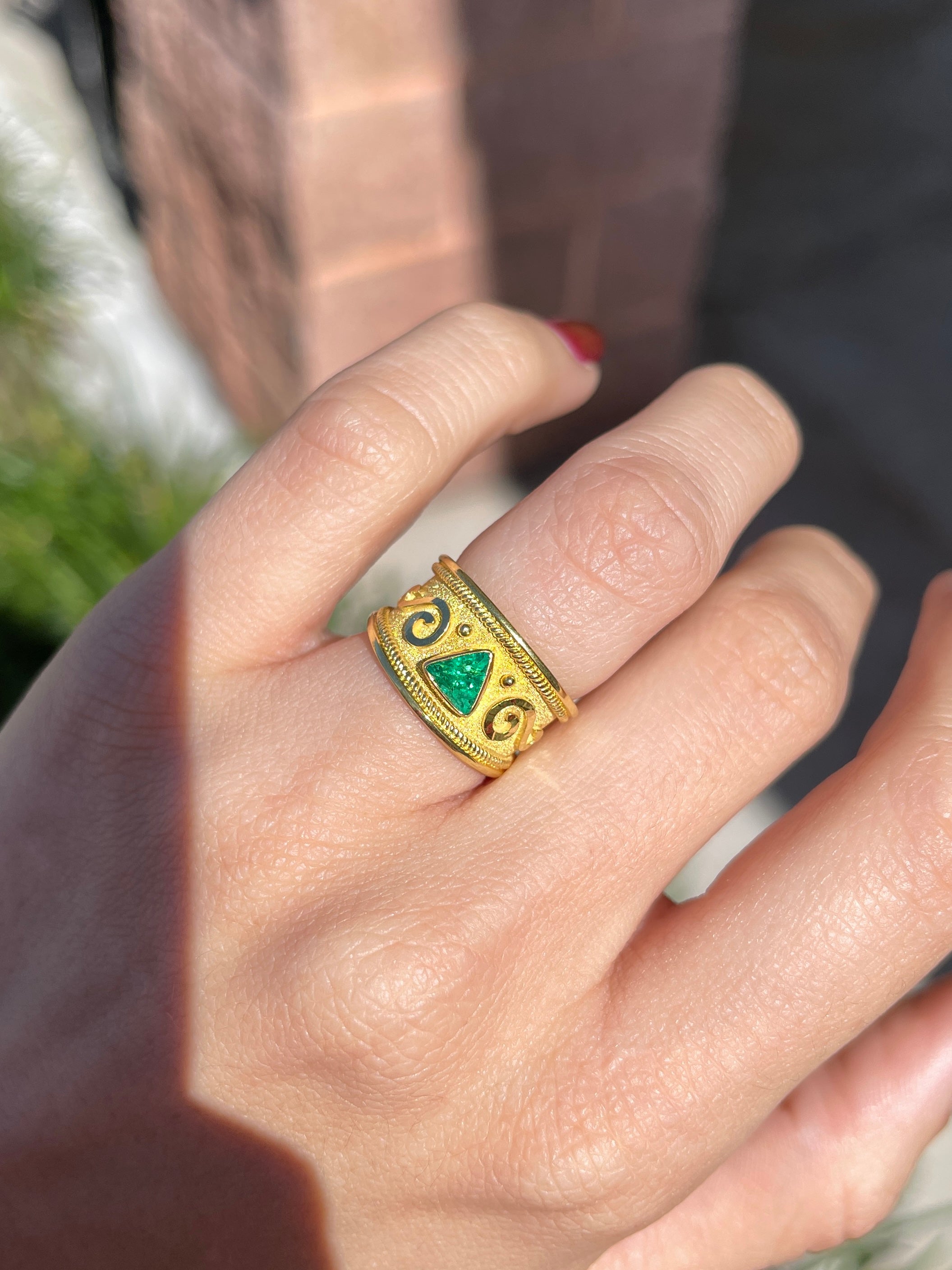 18K Byzantine Trillion Emerald Solitaire Ring Size 6 - JR Colombian Emeralds