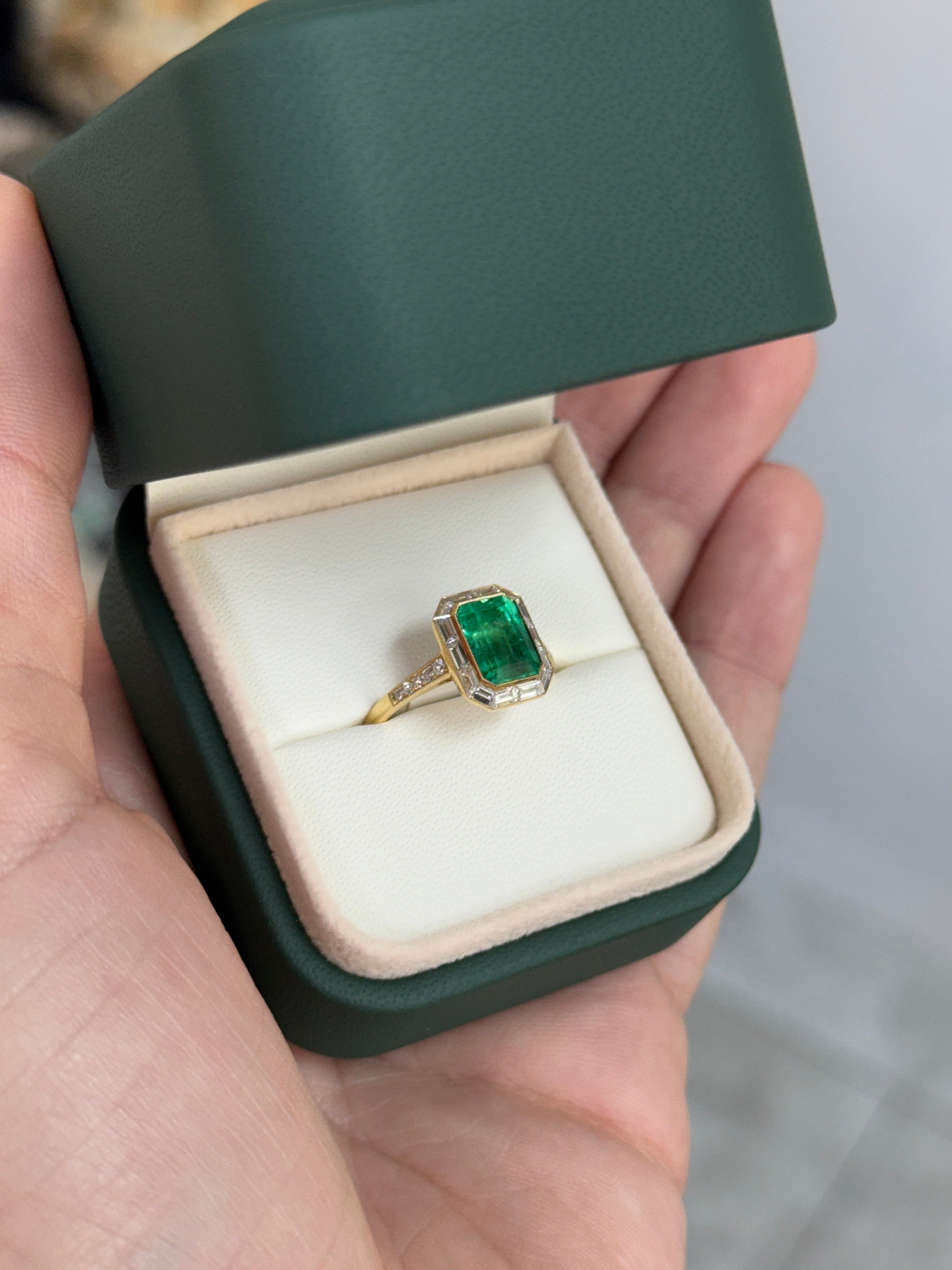 2.75tcw 18K Vivid Rich Medium Green Emerald Cut Emerald & Baguette Diamond Halo with Diamond Accent Shank