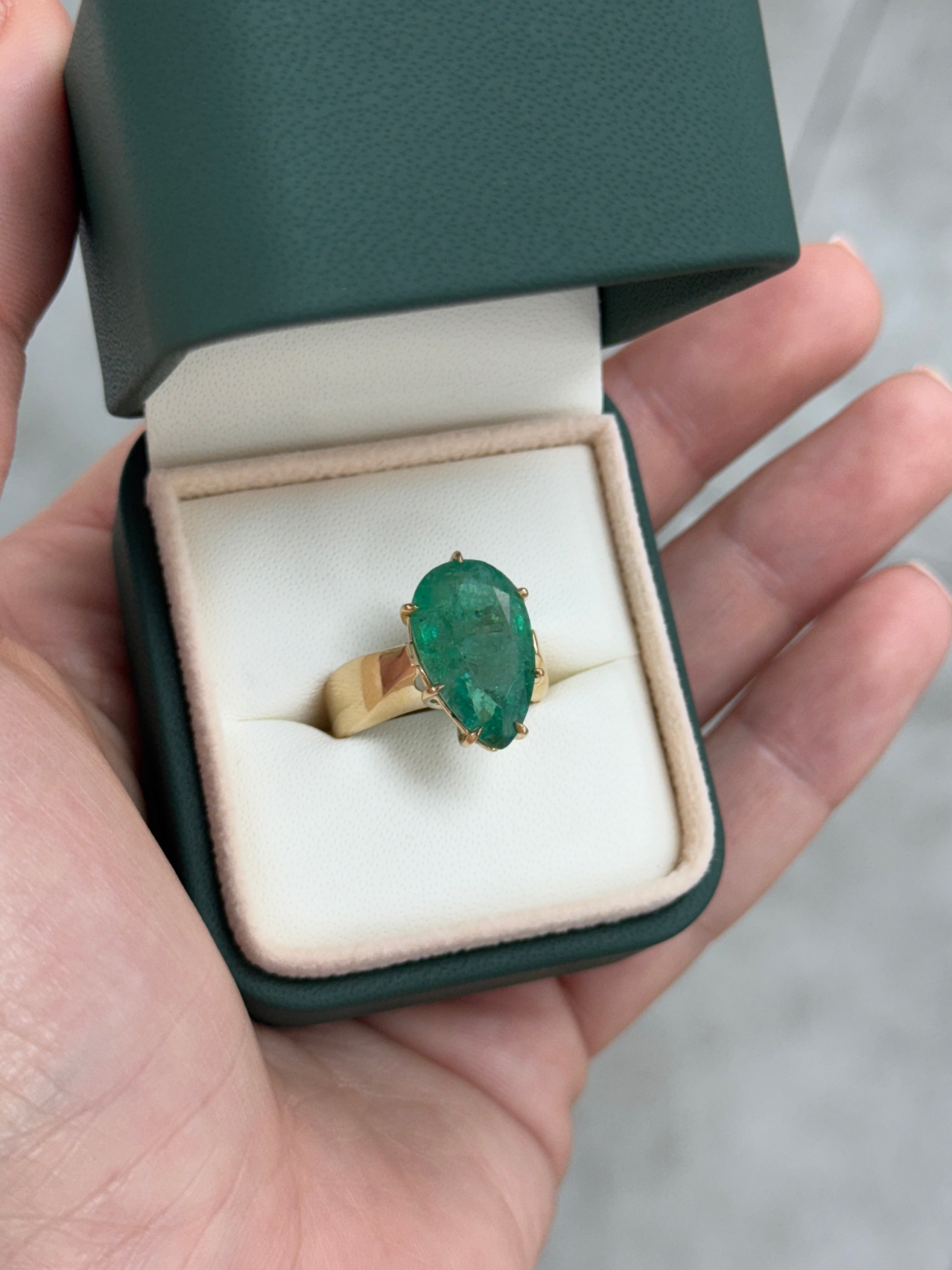 7.60 Carat Old World Pear Cut Emerald Wide Band Multi Prong Solitaire Ring 14K