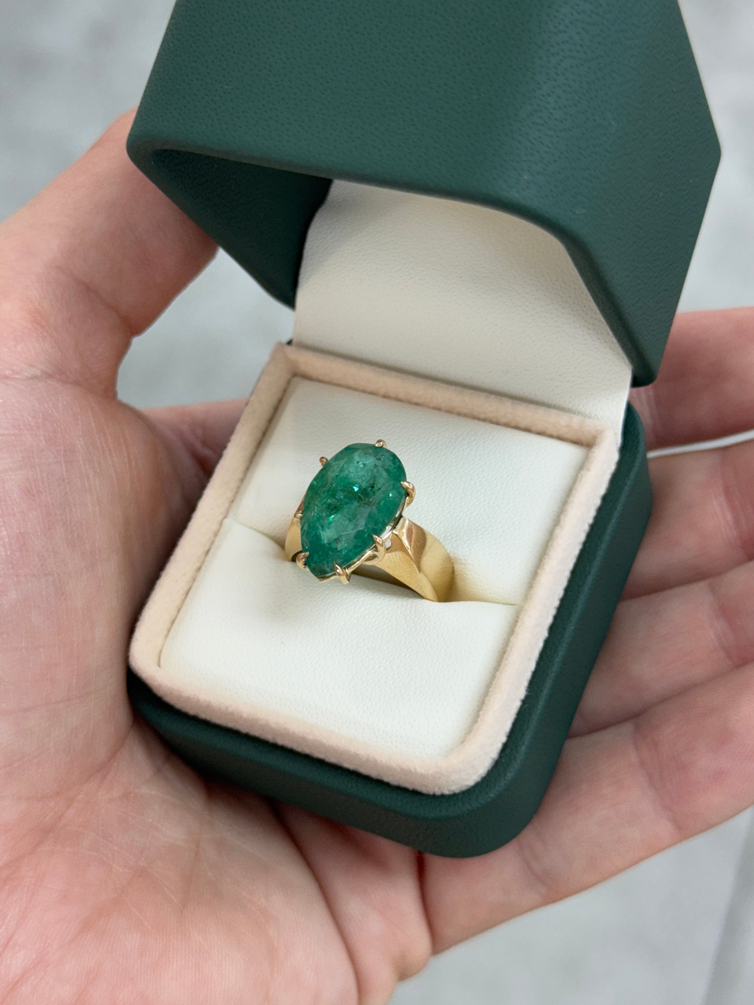 7.60 Carat Old World Pear Cut Emerald Wide Band Multi Prong Solitaire Ring 14K