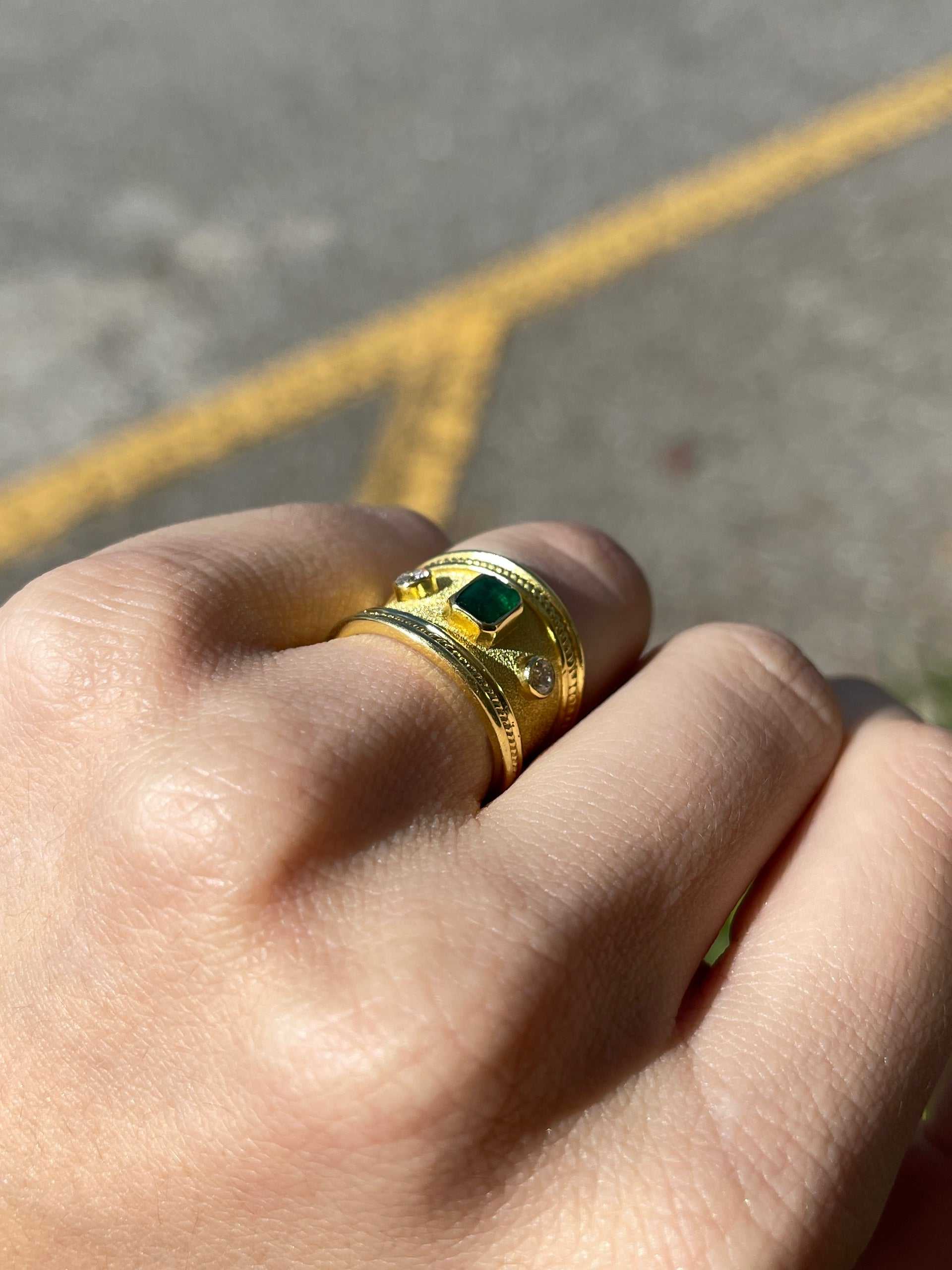 18K Byzantine Emerald & Diamond Three Stone Ring Size 6 - JR Colombian Emeralds