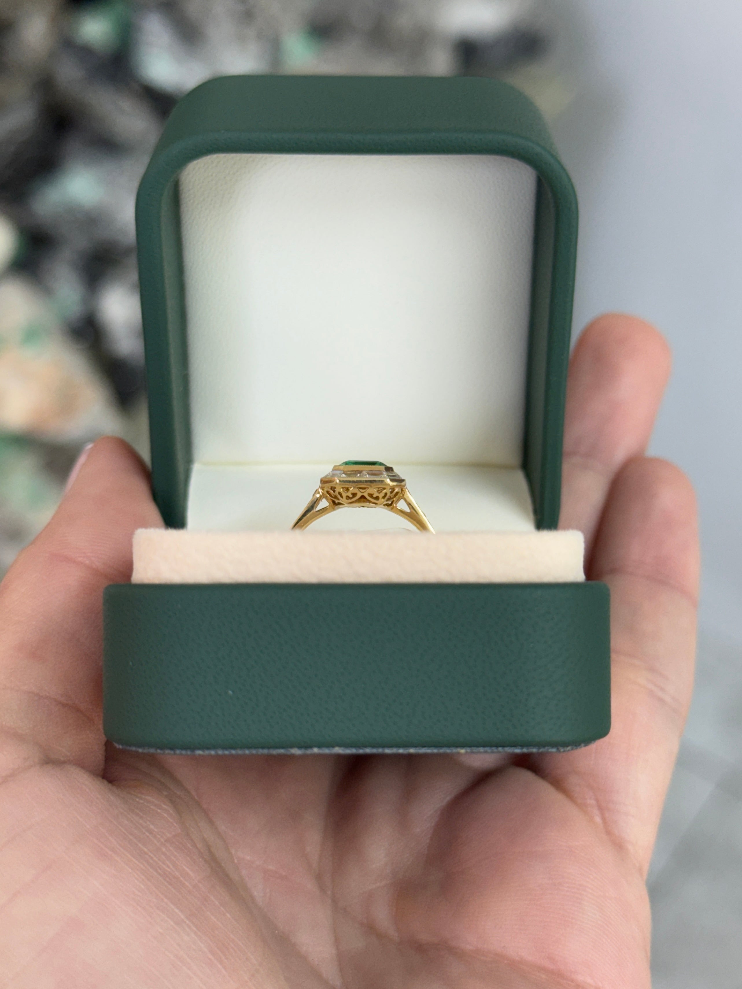 2.75tcw 18K Vivid Rich Medium Green Emerald Cut Emerald & Baguette Diamond Halo with Diamond Accent Shank