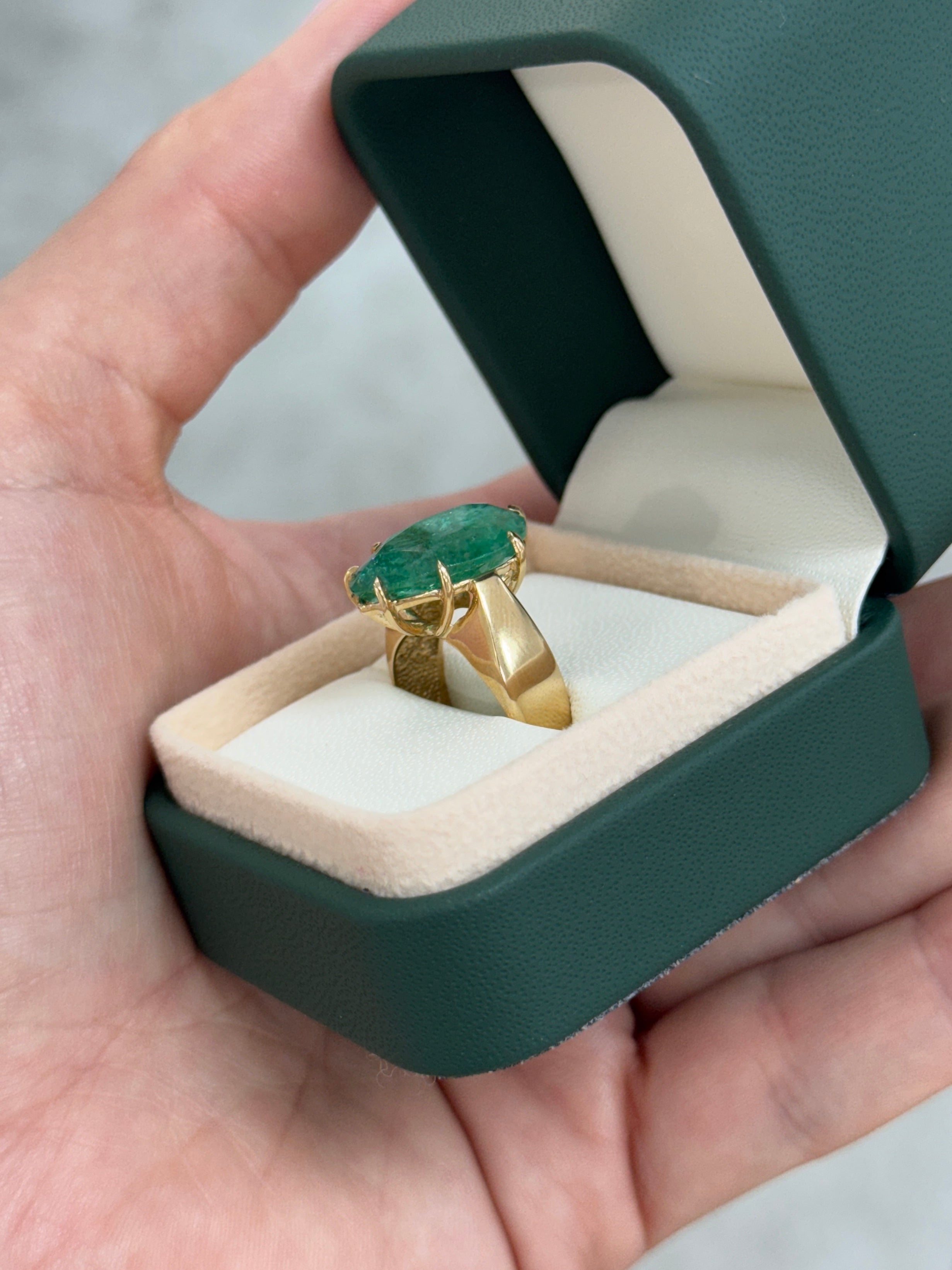 7.60 Carat Old World Pear Cut Emerald Wide Band Multi Prong Solitaire Ring 14K