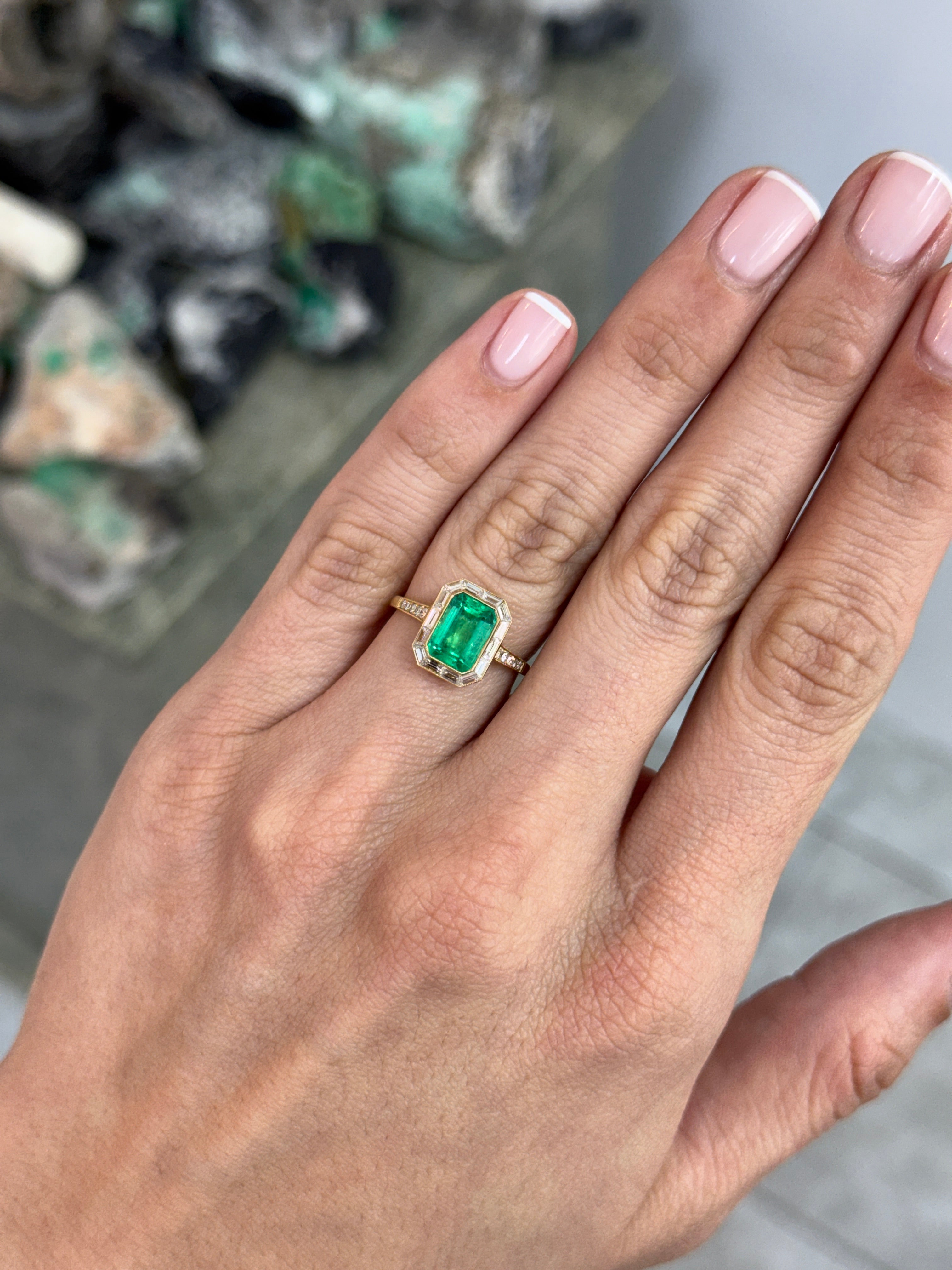 2.75tcw 18K Vivid Rich Medium Green Emerald Cut Emerald & Baguette Diamond Halo with Diamond Accent Shank