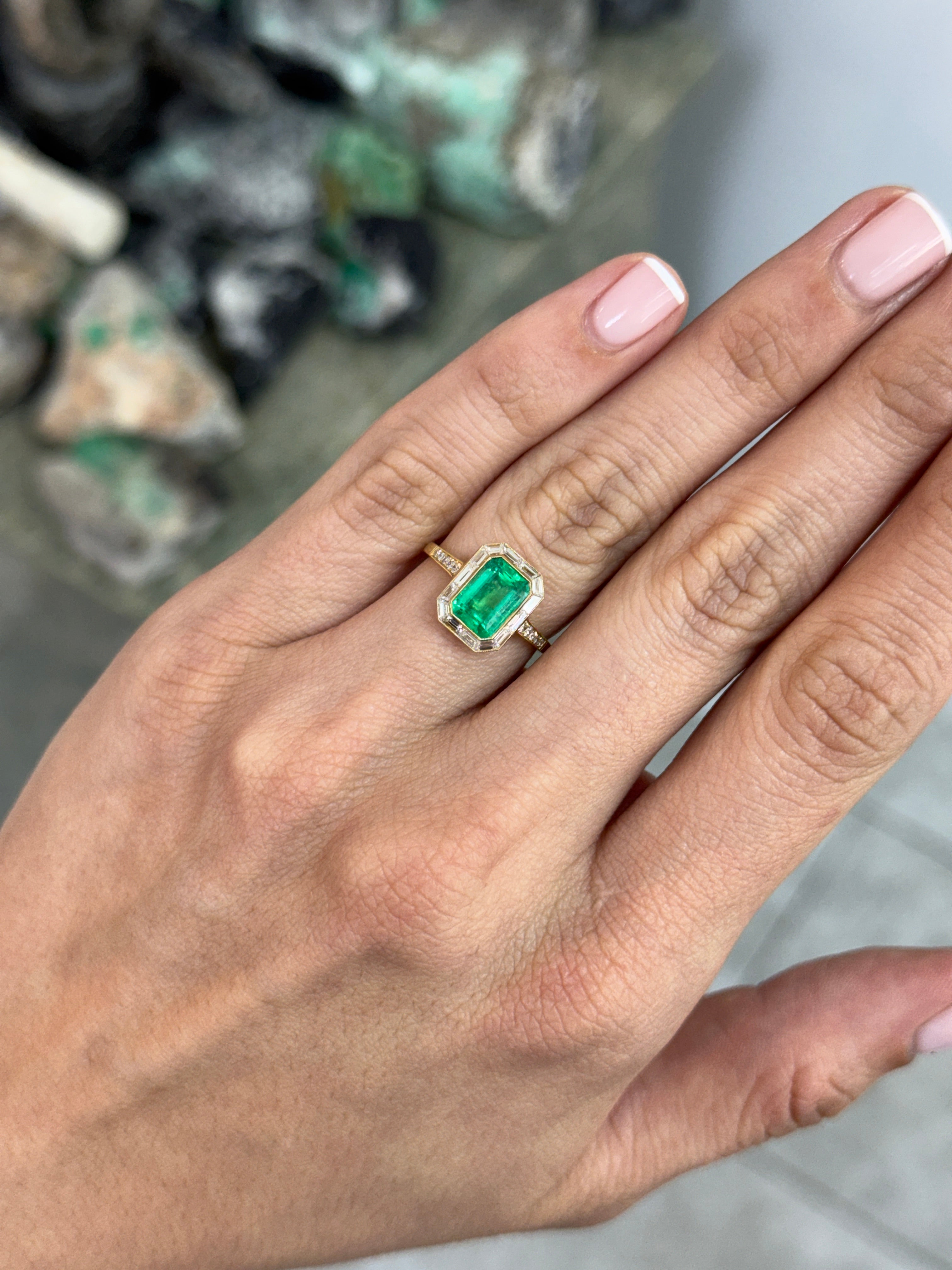 2.75tcw 18K Vivid Rich Medium Green Emerald Cut Emerald & Baguette Diamond Halo with Diamond Accent Shank
