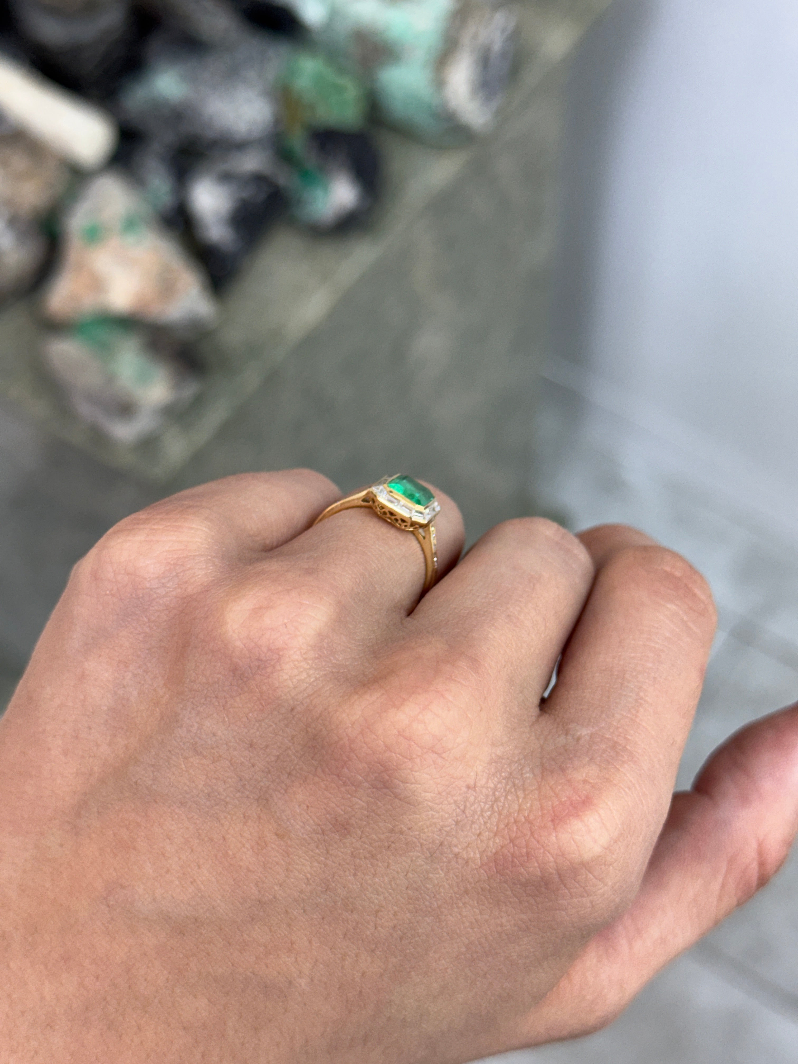2.75tcw 18K Vivid Rich Medium Green Emerald Cut Emerald & Baguette Diamond Halo with Diamond Accent Shank