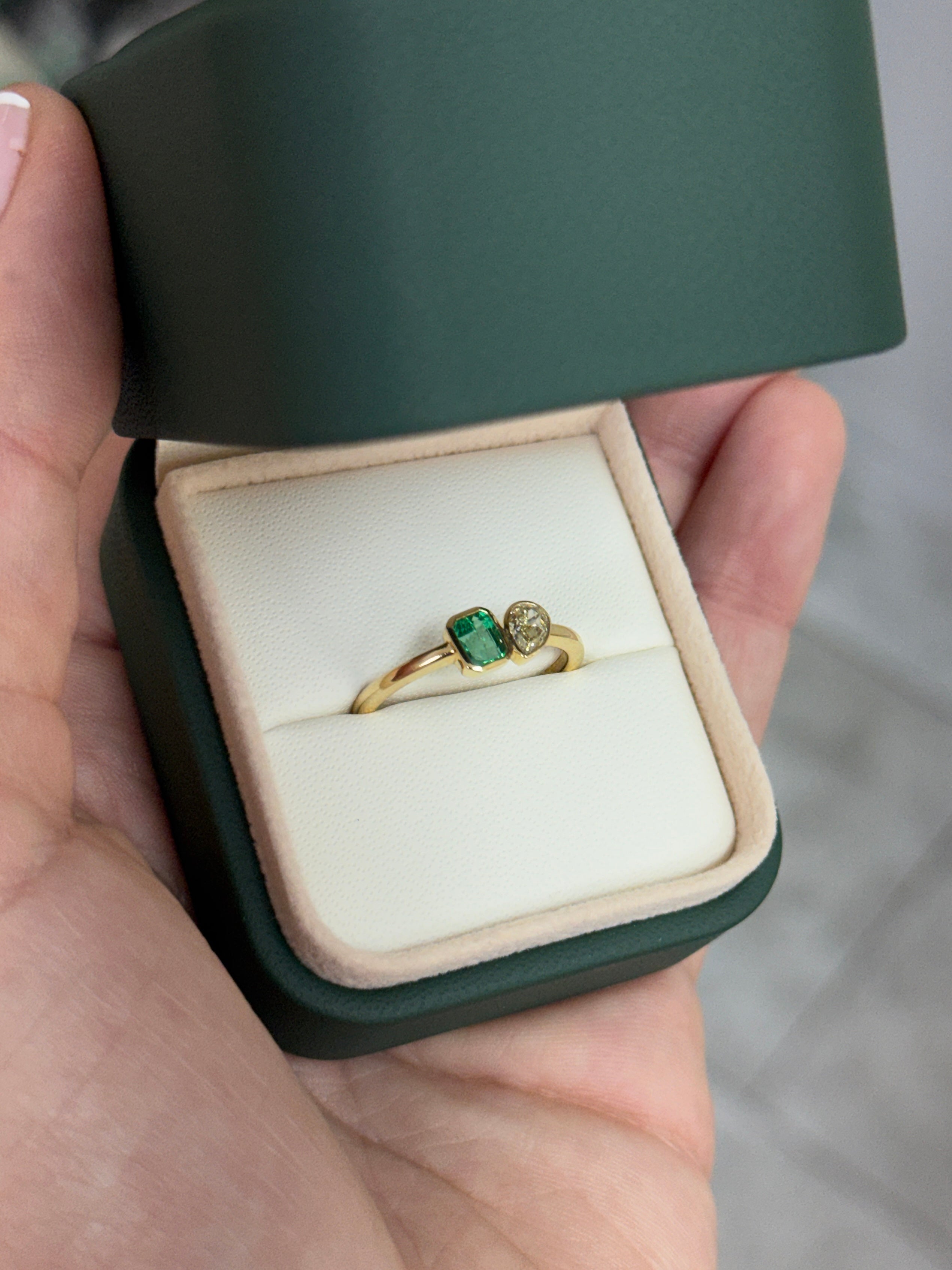 Natural Emerald Cut Emerald & Pear Fancy Yellow Diamond Toi Et Moi 14K