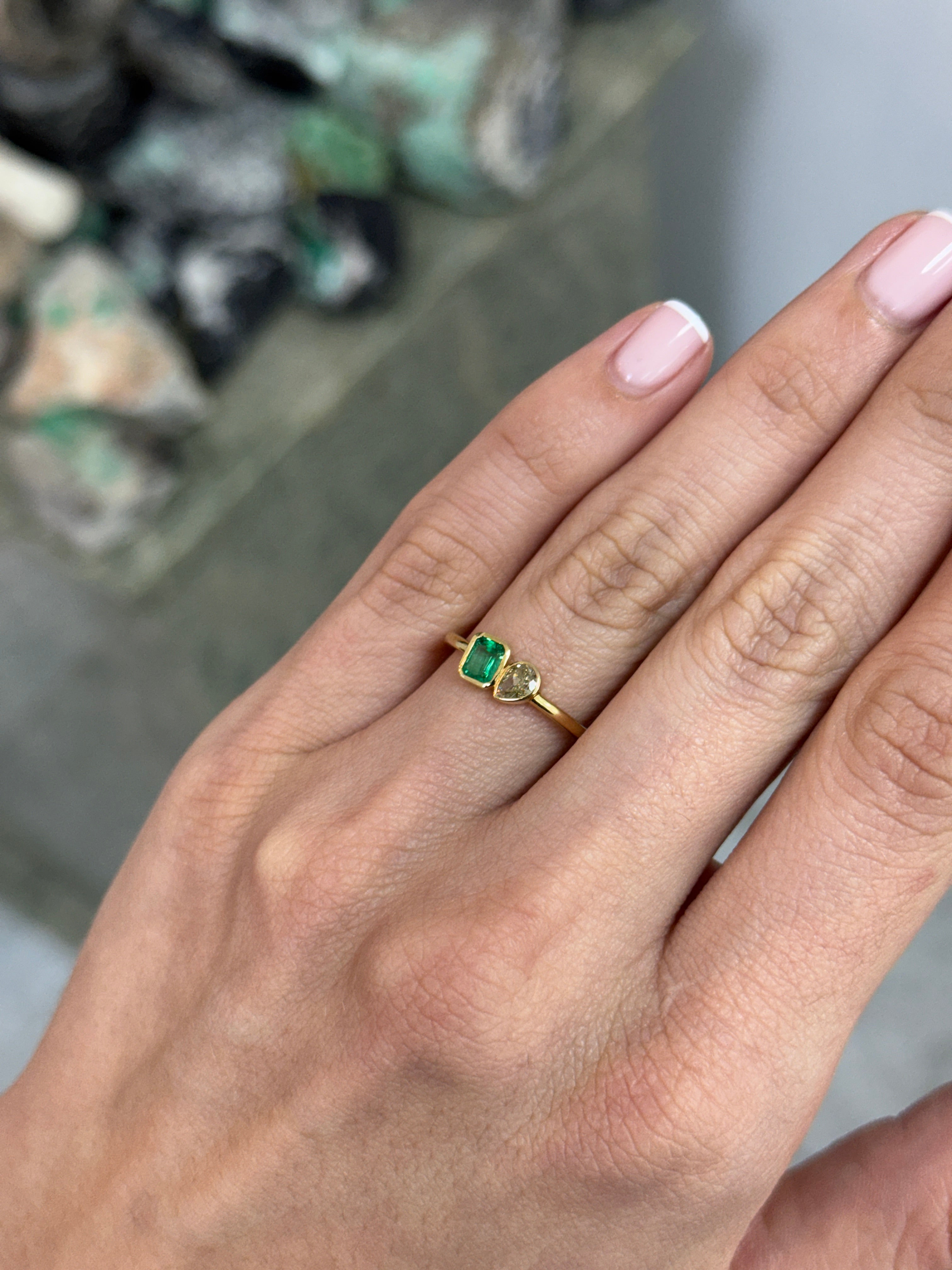 Natural Emerald Cut Emerald & Pear Fancy Yellow Diamond Toi Et Moi 14K