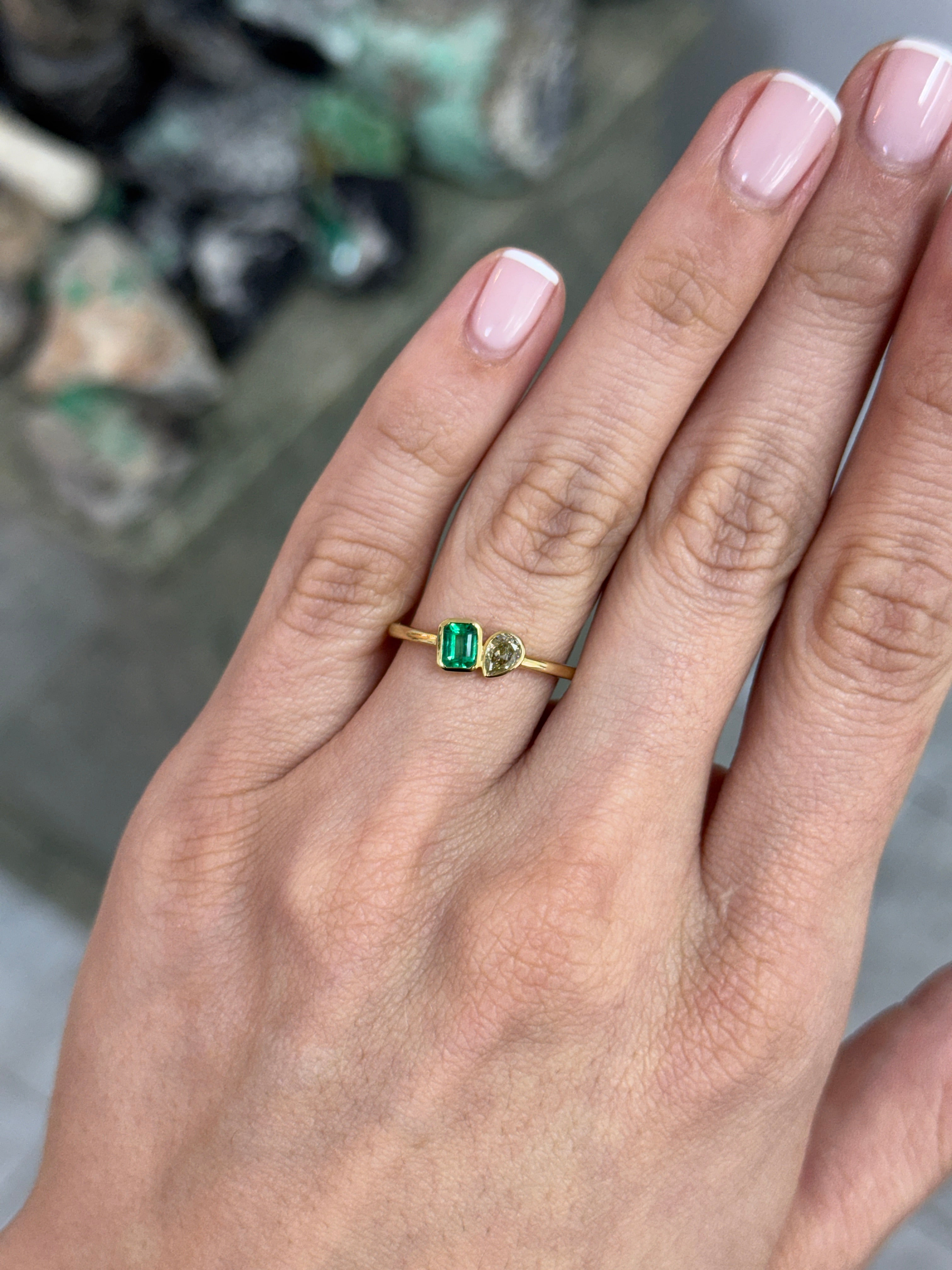 Natural Emerald Cut Emerald & Pear Fancy Yellow Diamond Toi Et Moi 14K