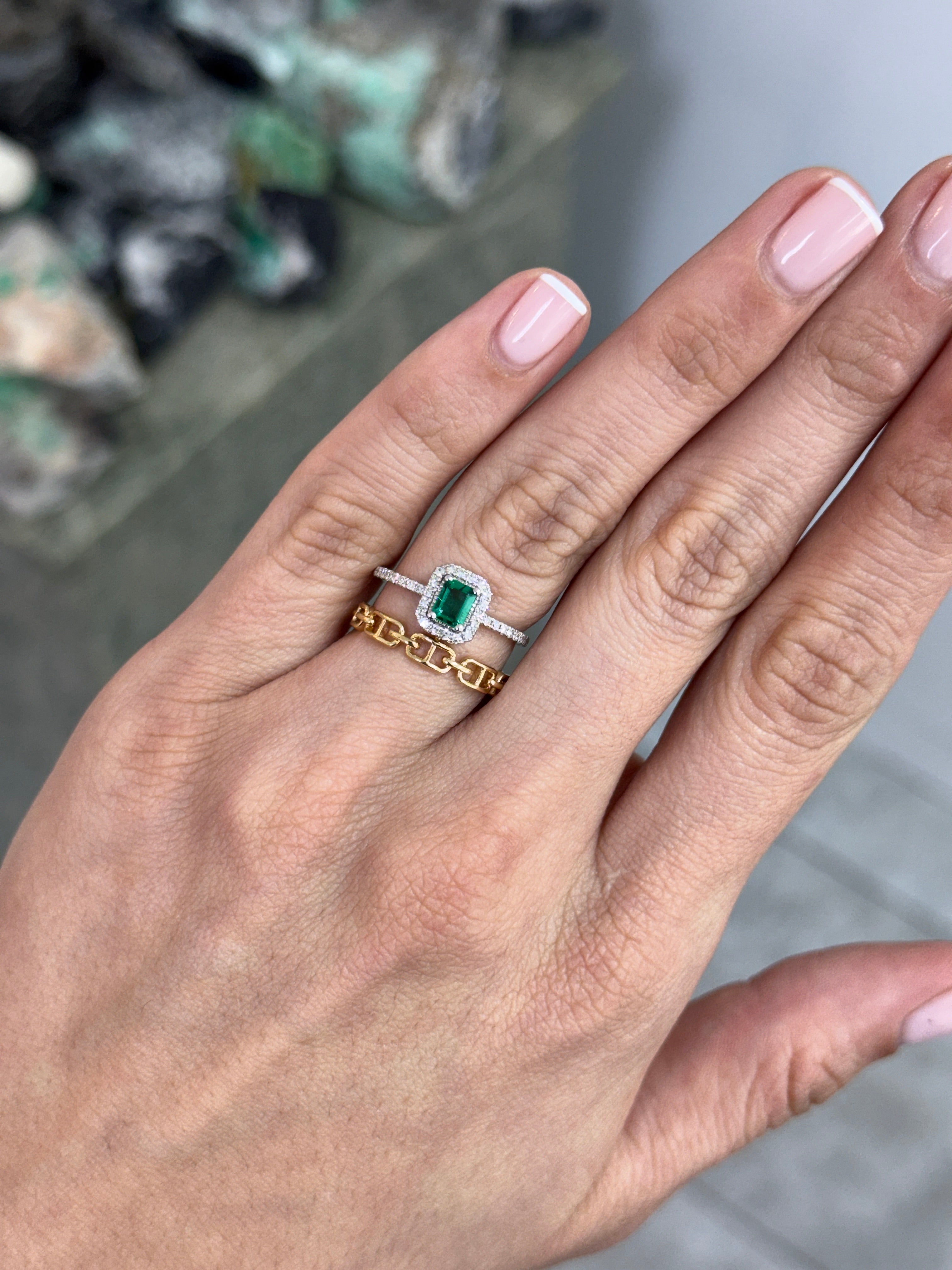 14K Emerald & Diamond Halo Wedding Ring Set