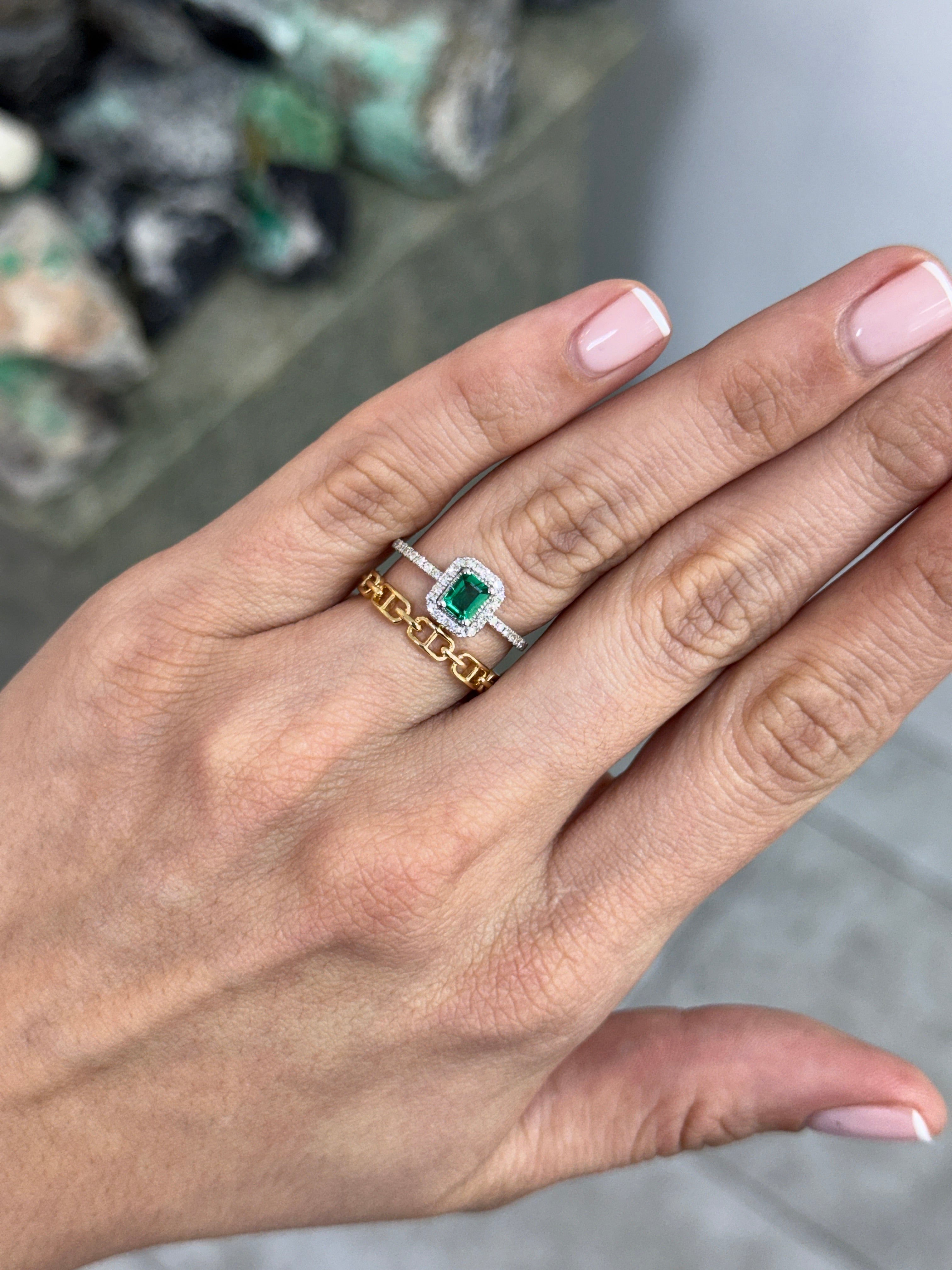 14K Emerald & Diamond Halo Wedding Ring Set