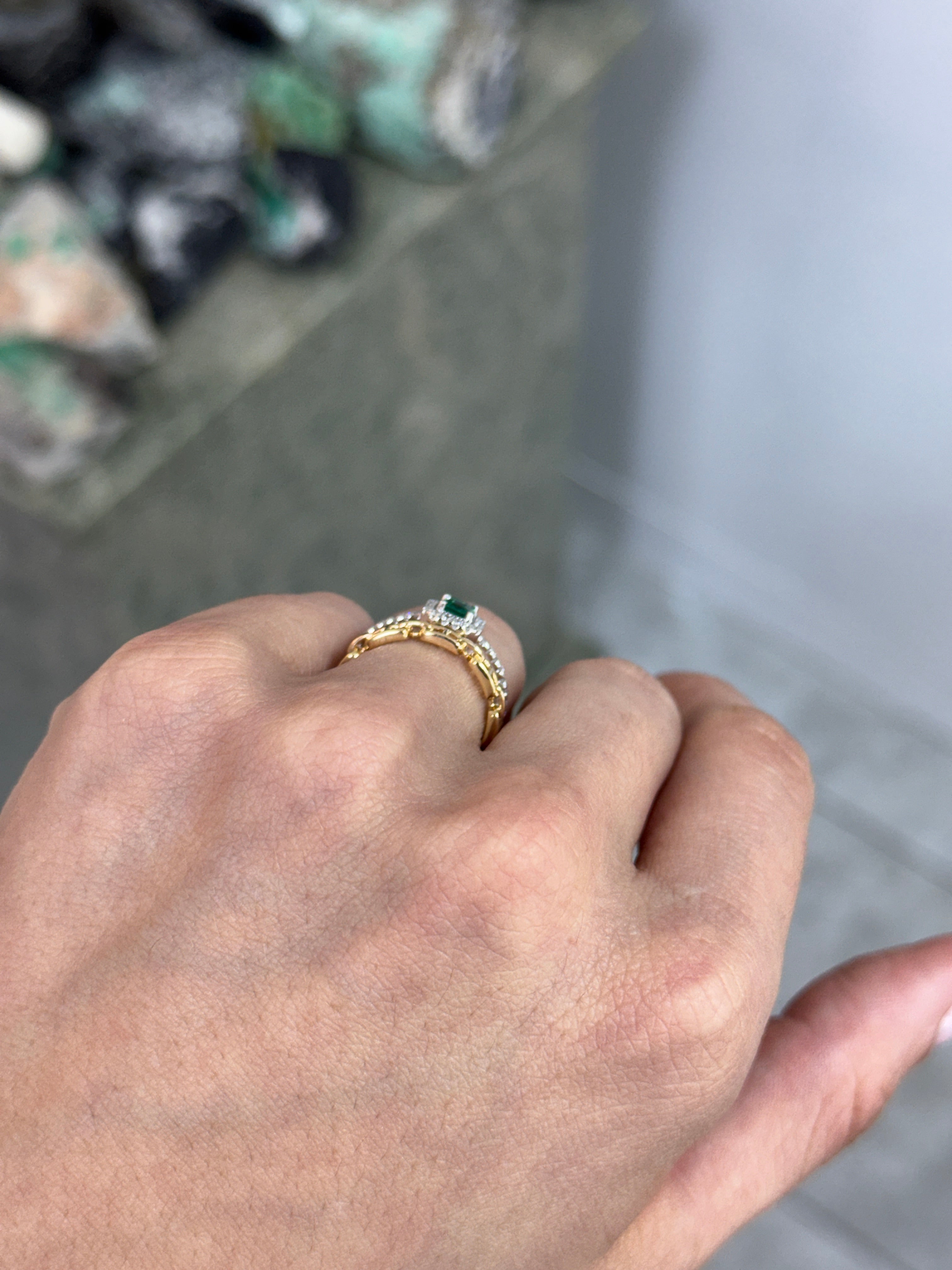 14K Emerald & Diamond Halo Wedding Ring Set