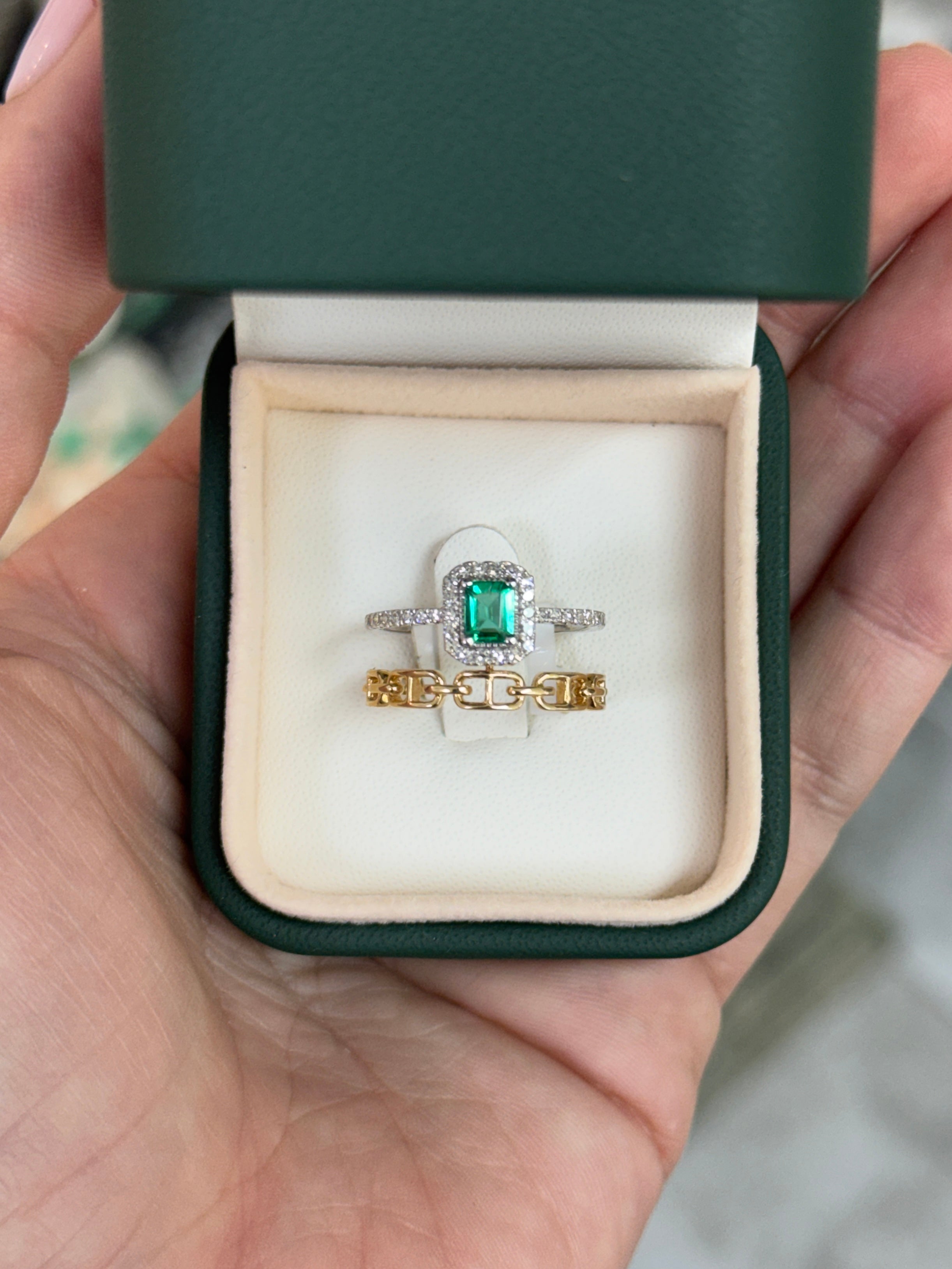 14K Emerald & Diamond Halo Wedding Ring Set