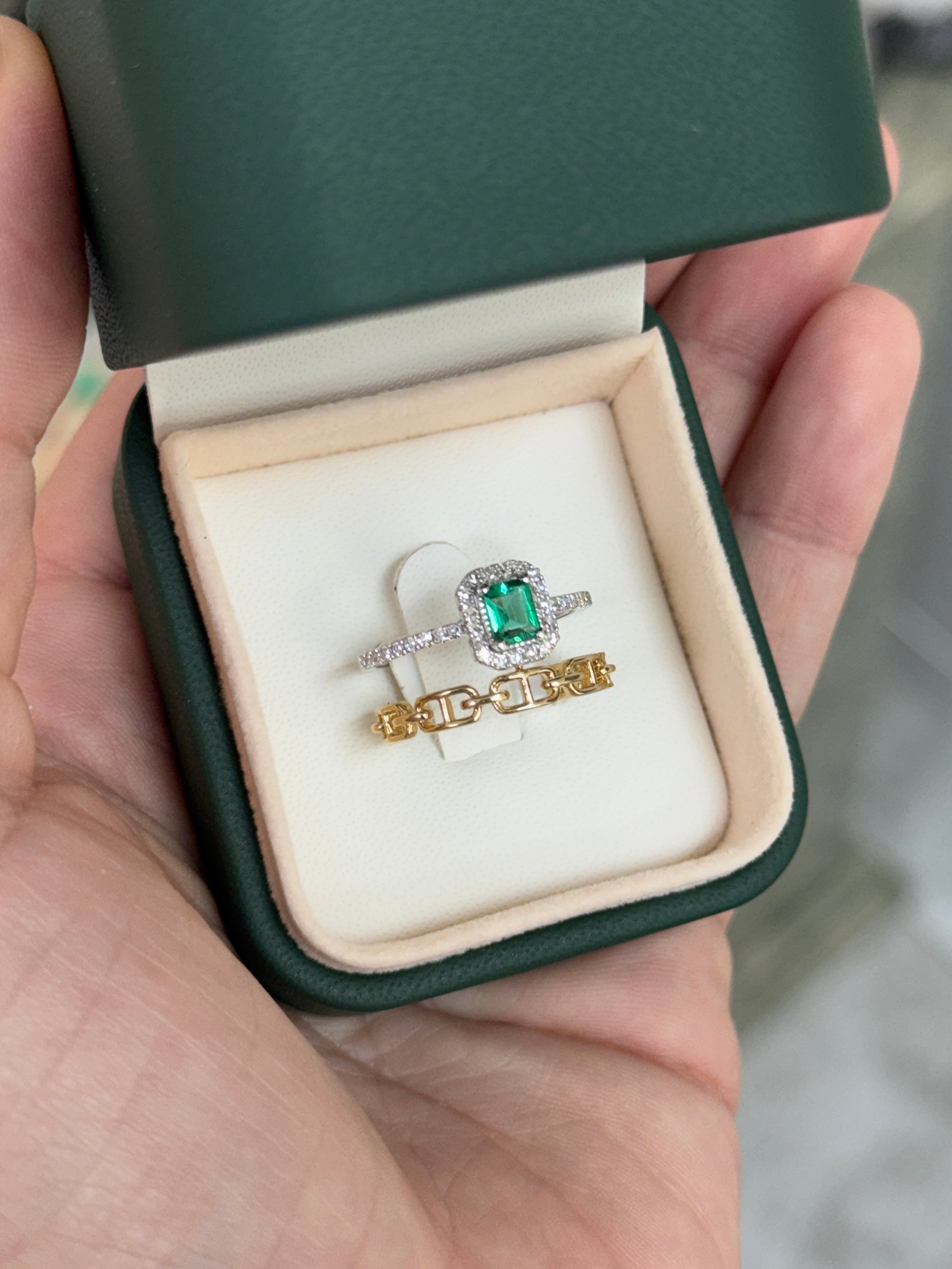 14K Emerald & Diamond Halo Wedding Ring Set
