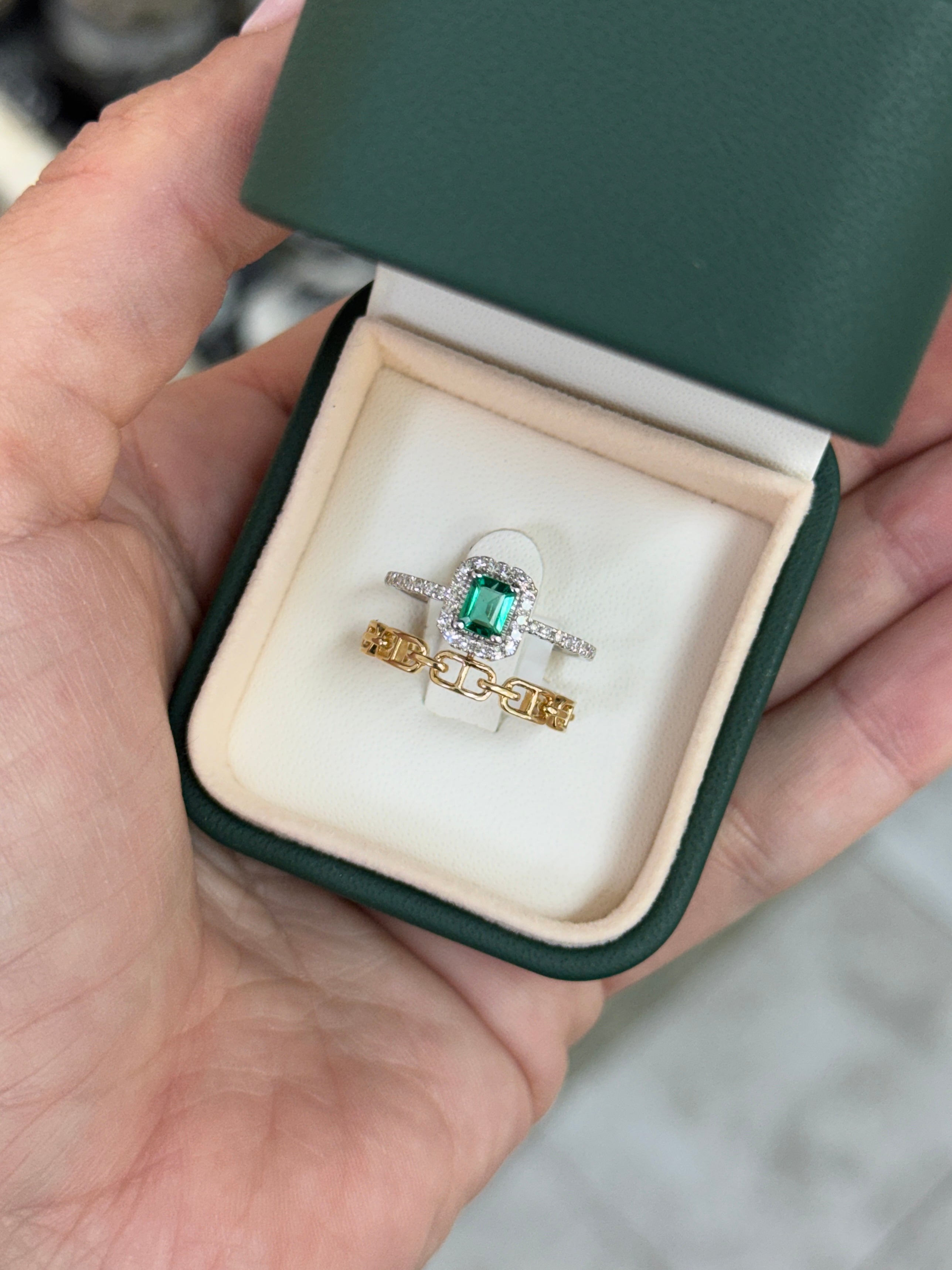 14K Emerald & Diamond Halo Wedding Ring Set