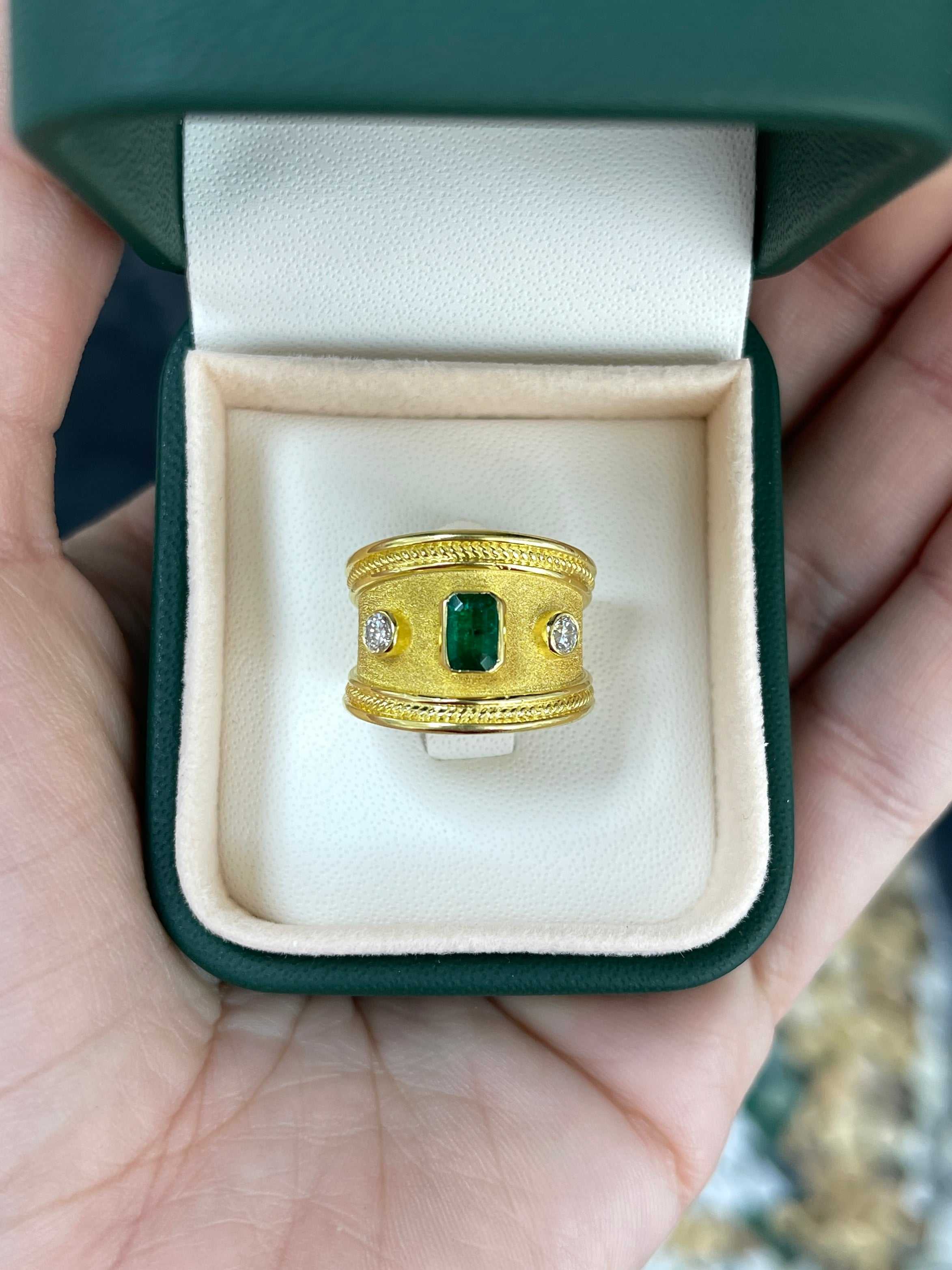 18K Byzantine Emerald & Diamond Three Stone Ring Size 6 - JR Colombian Emeralds