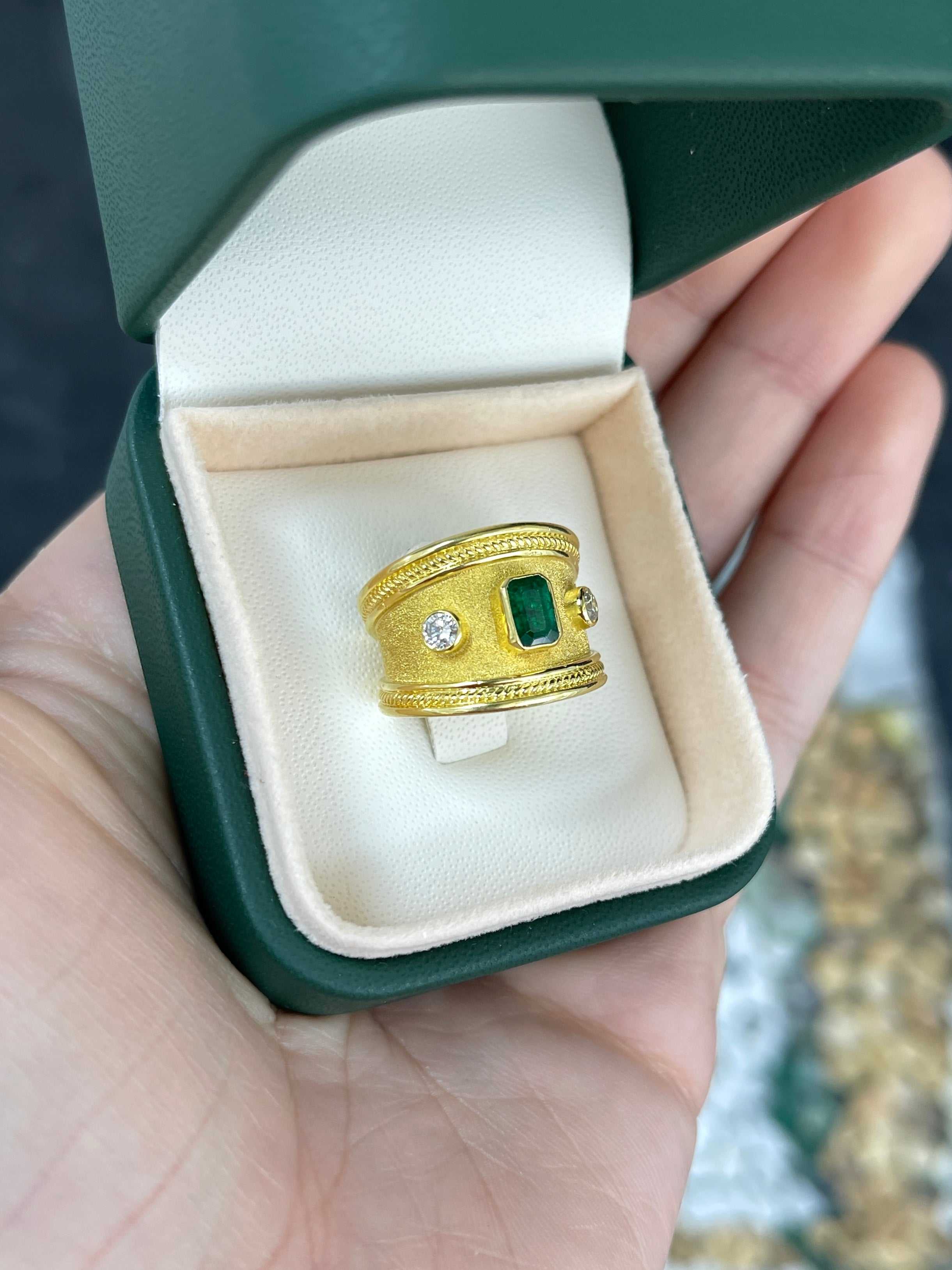 18K Byzantine Emerald & Diamond Three Stone Ring Size 6 - JR Colombian Emeralds