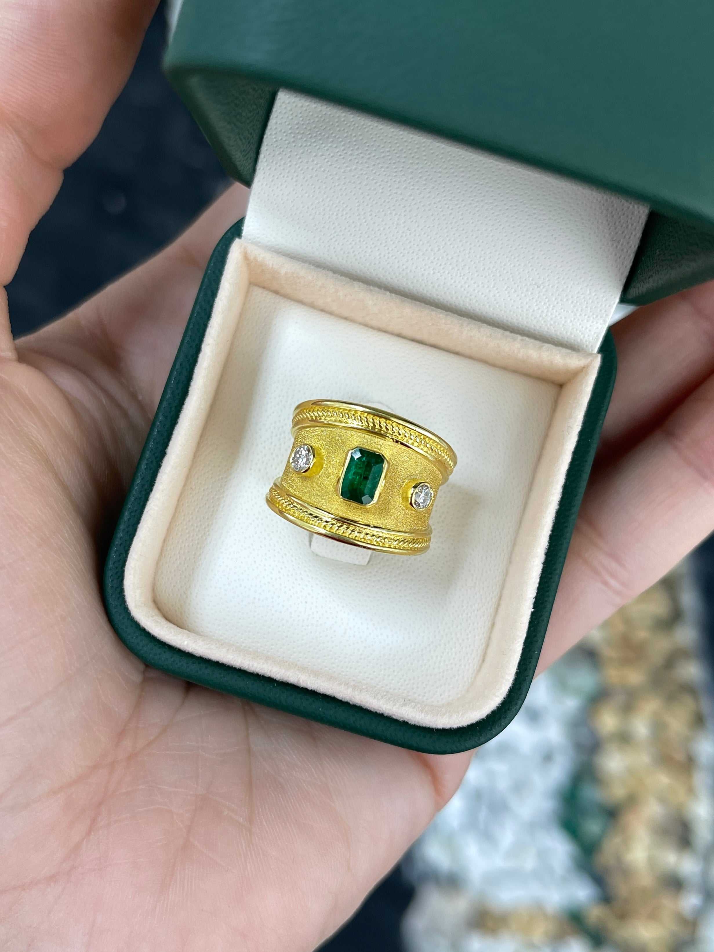 18K Byzantine Emerald & Diamond Three Stone Ring Size 6 - JR Colombian Emeralds