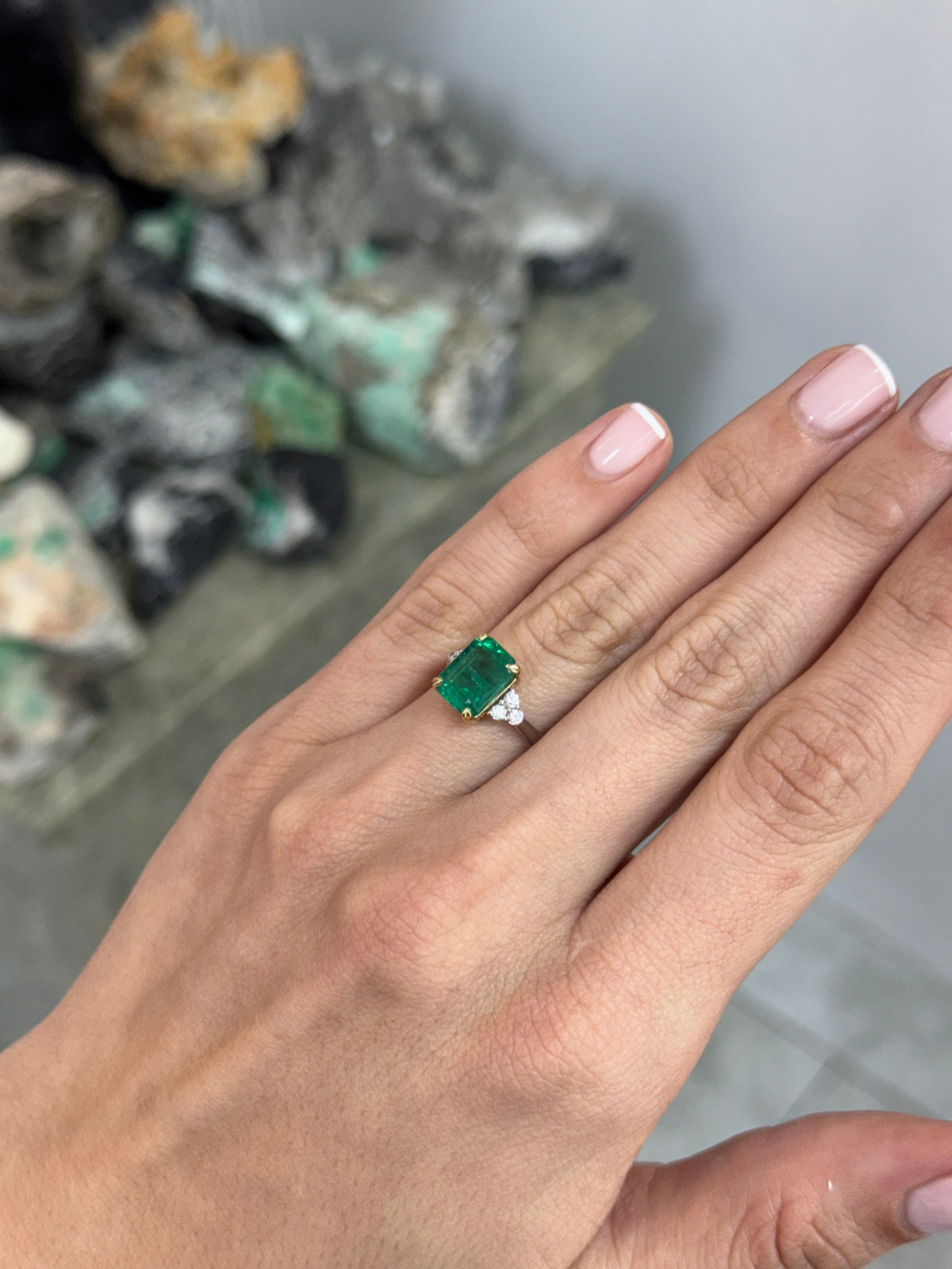 3.83tcw Natural Emerald Cut Emerald & Diamond Accent Seven Stone Engagement 14K/Plat Ring