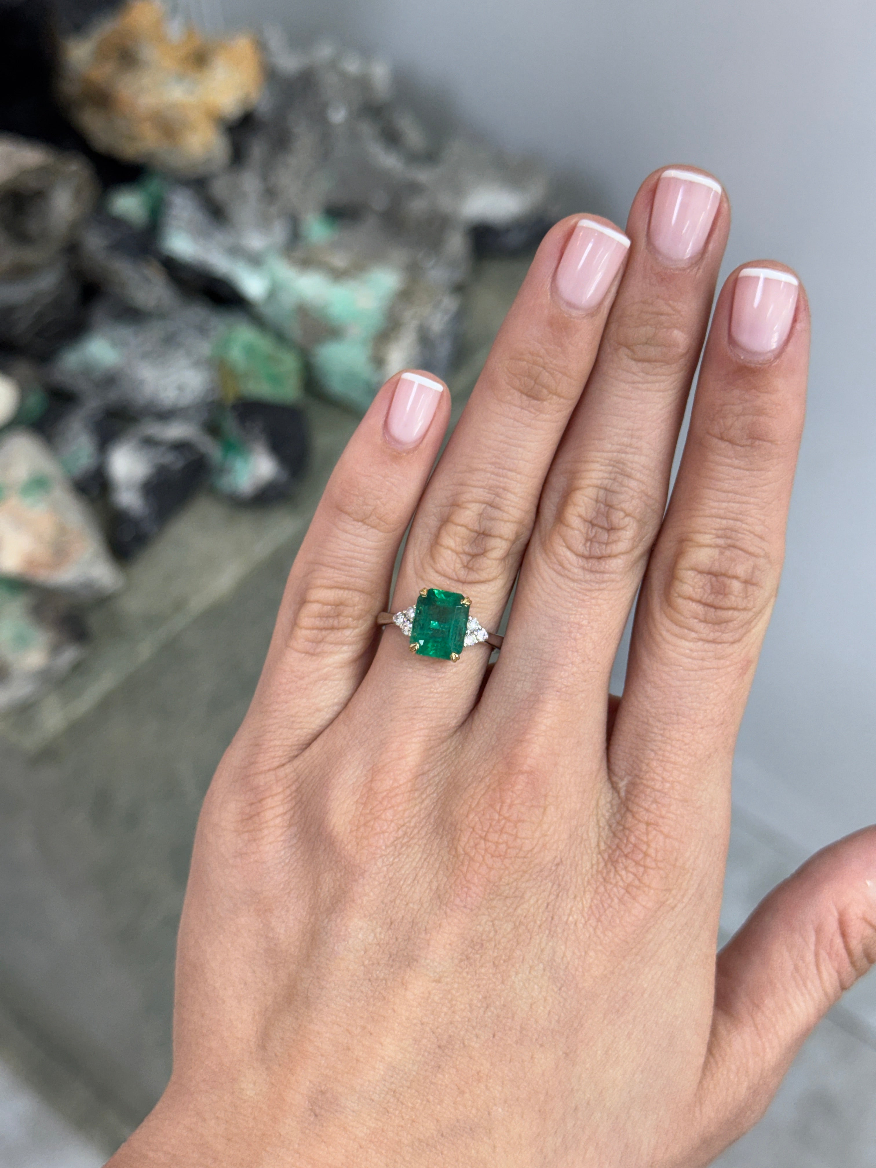 3.83tcw Natural Emerald Cut Emerald & Diamond Accent Seven Stone Engagement 14K/Plat Ring
