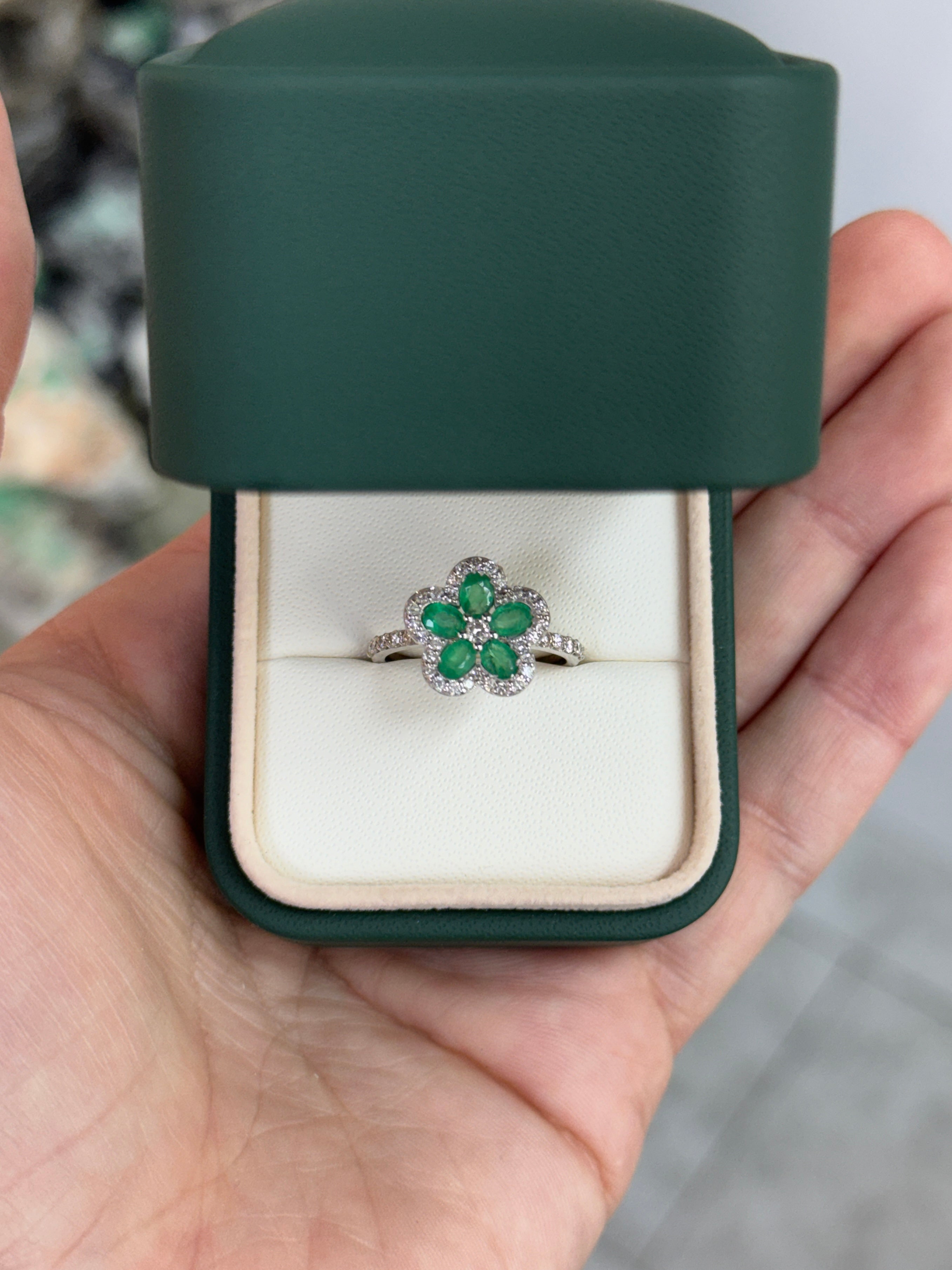 1.16tcw Oval Emerald & Diamond Halo Floral Motif Ring 18K