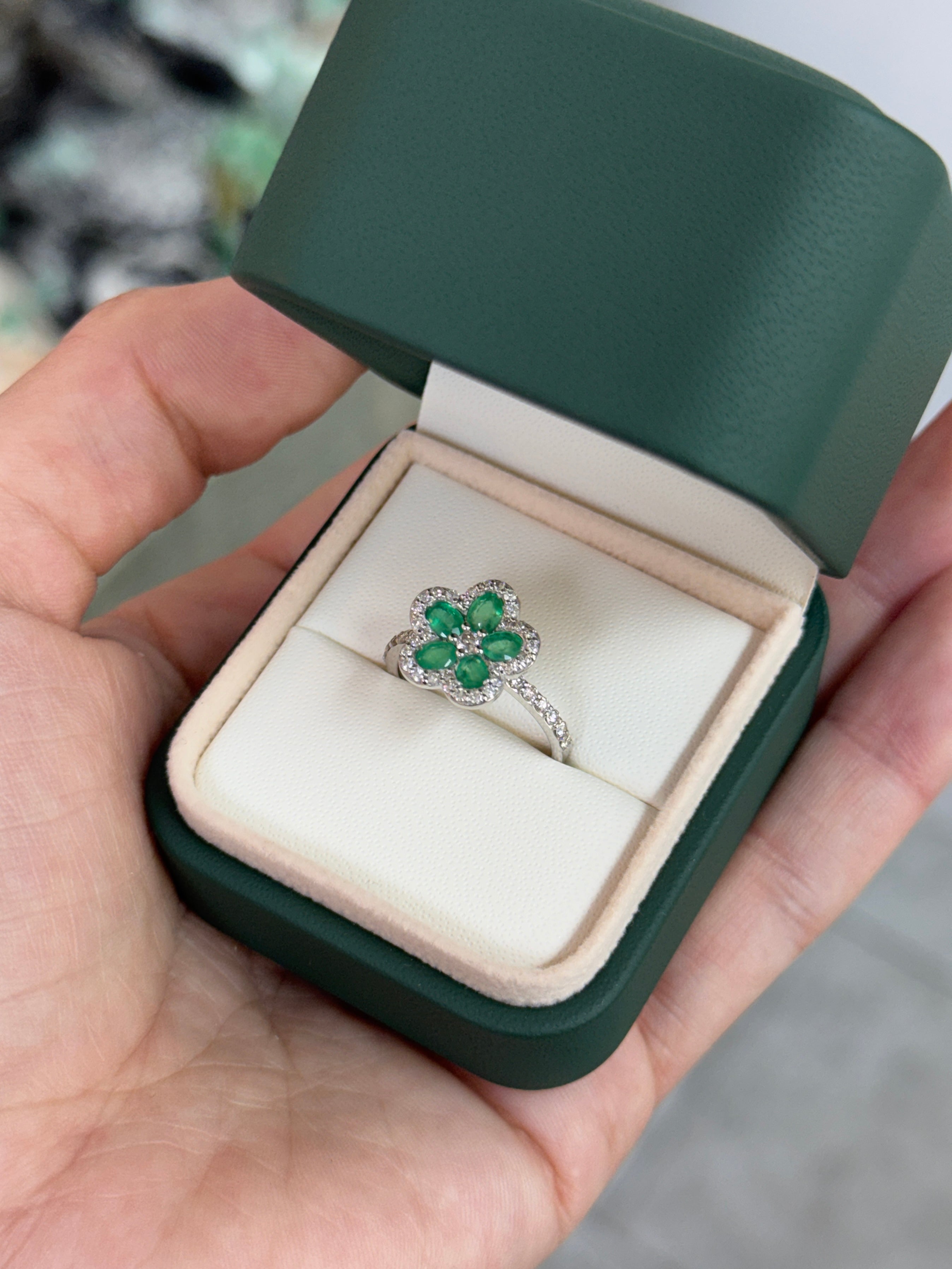 1.16tcw Oval Emerald & Diamond Halo Floral Motif Ring 18K