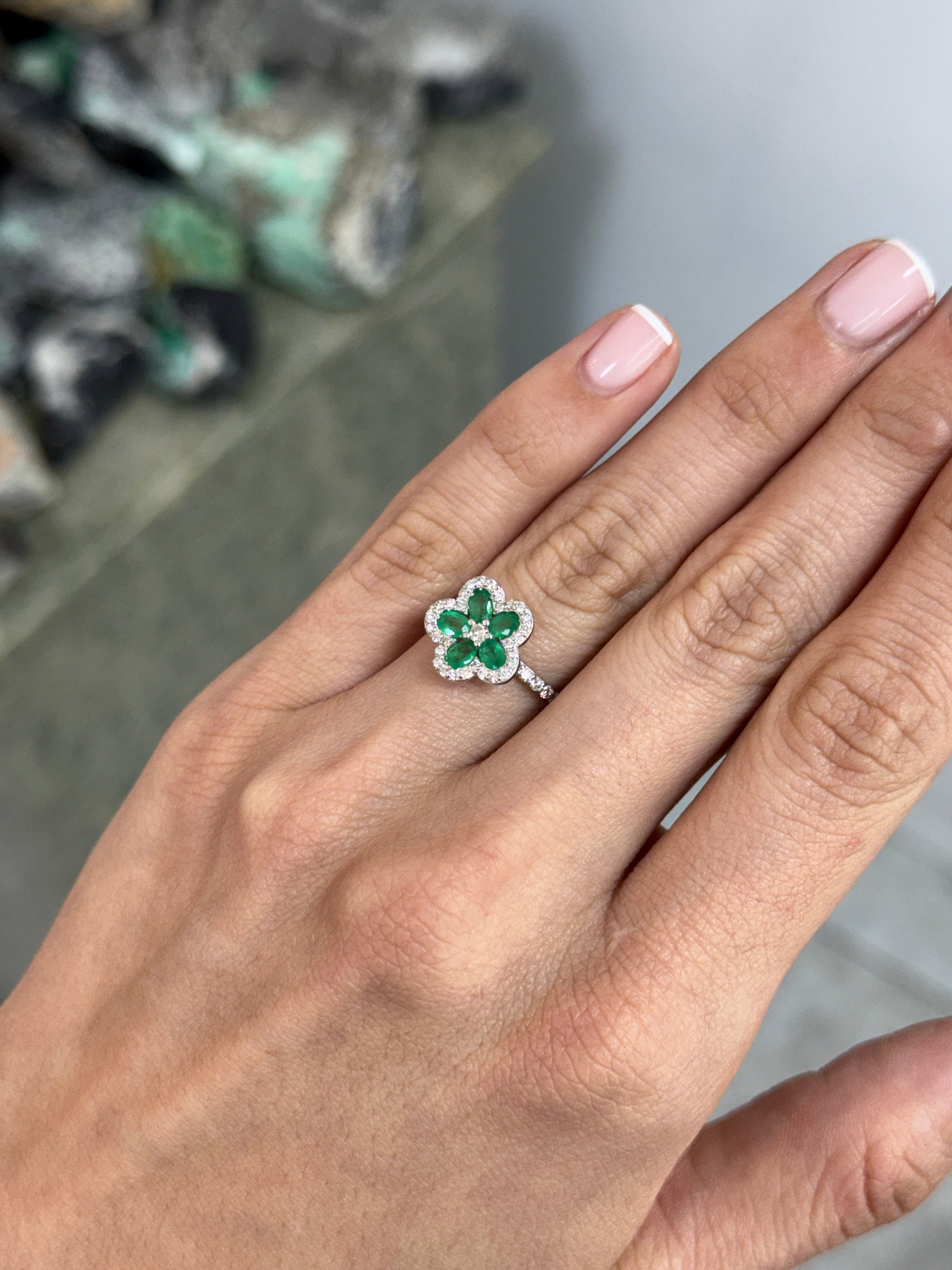 1.16tcw Oval Emerald & Diamond Halo Floral Motif Ring 18K