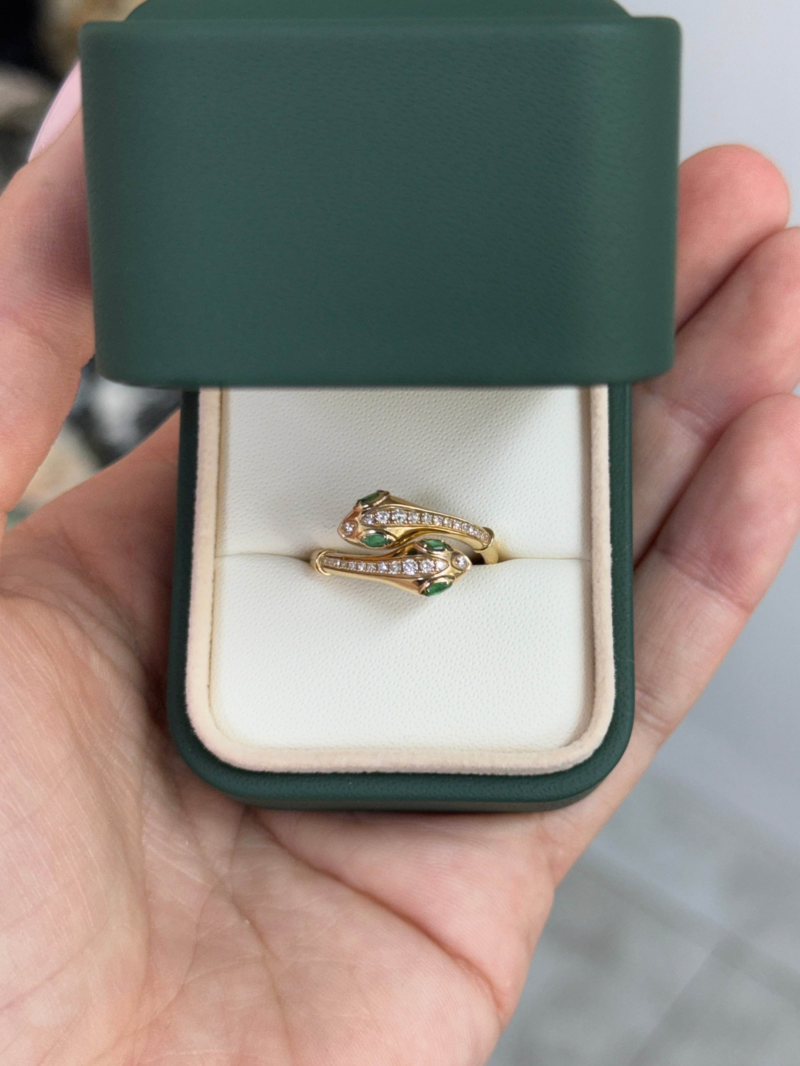 Double Serpent Head Natural Emerald & Diamond Bypass Ring 14K Gold