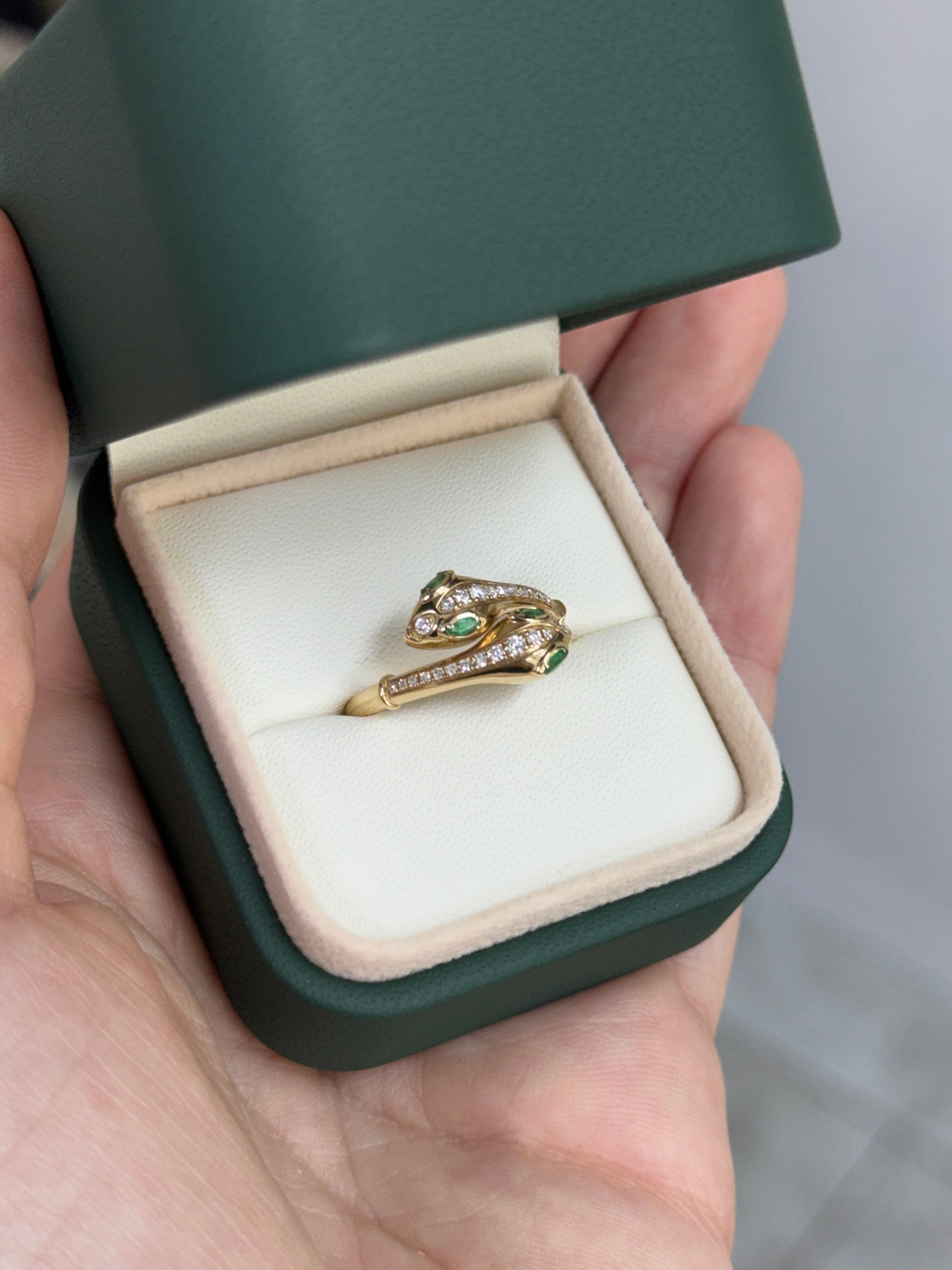 Double Serpent Head Natural Emerald & Diamond Bypass Ring 14K Gold
