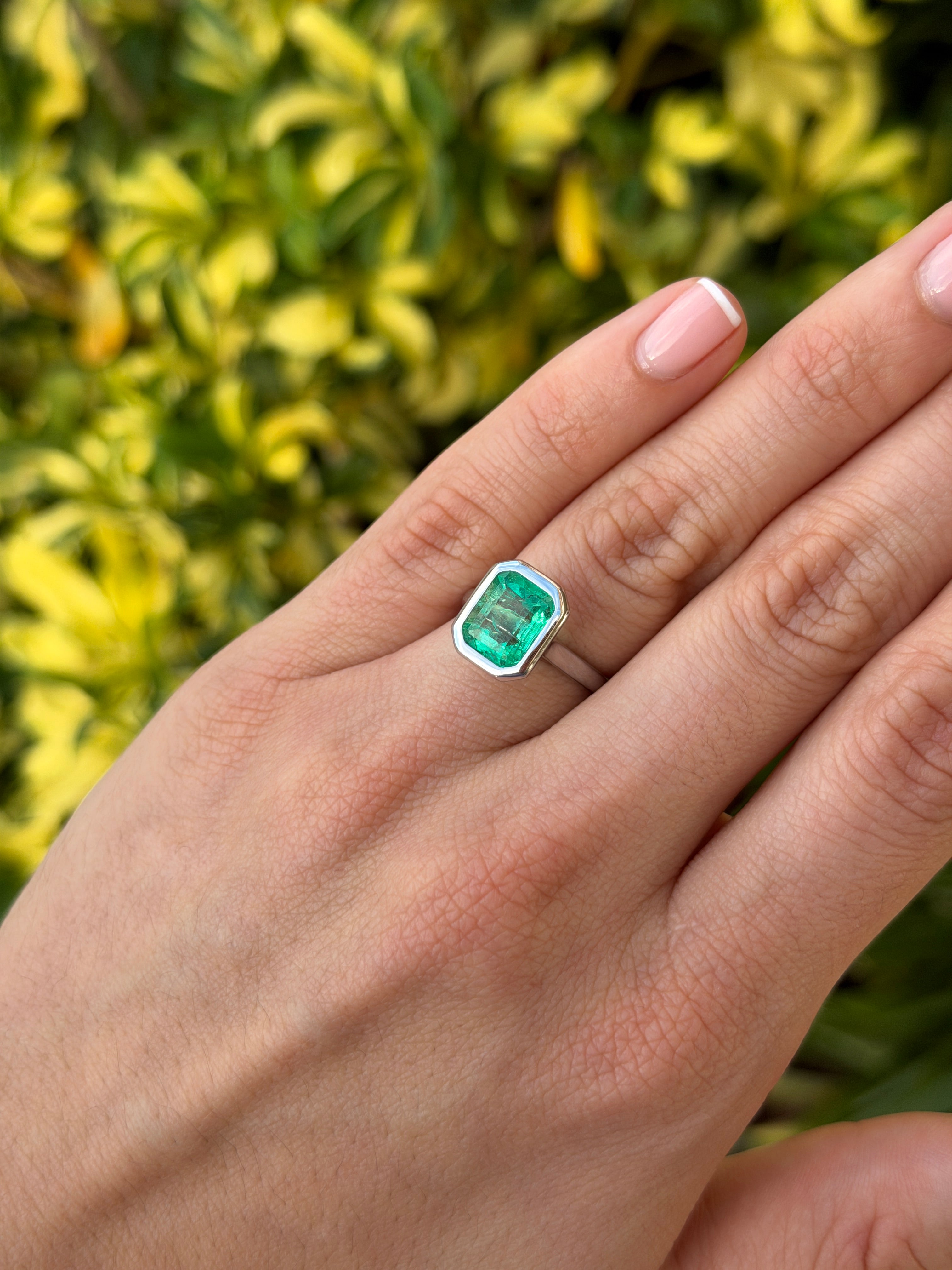 3.46ct 18K Chivor Colombian Emerald Bezel Set Emerald Solitaire White Gold Ring