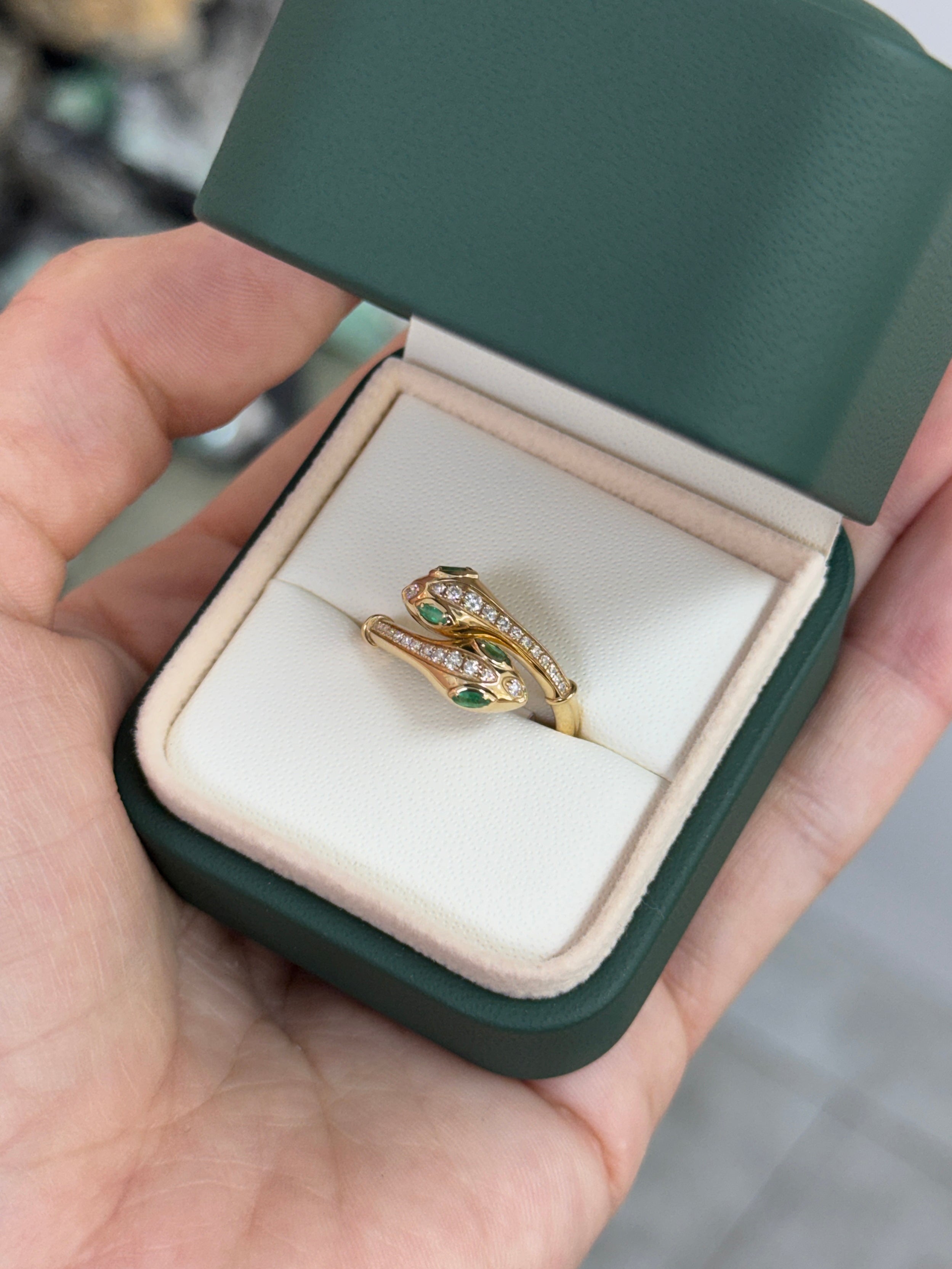 Double Serpent Head Natural Emerald & Diamond Bypass Ring 14K Gold