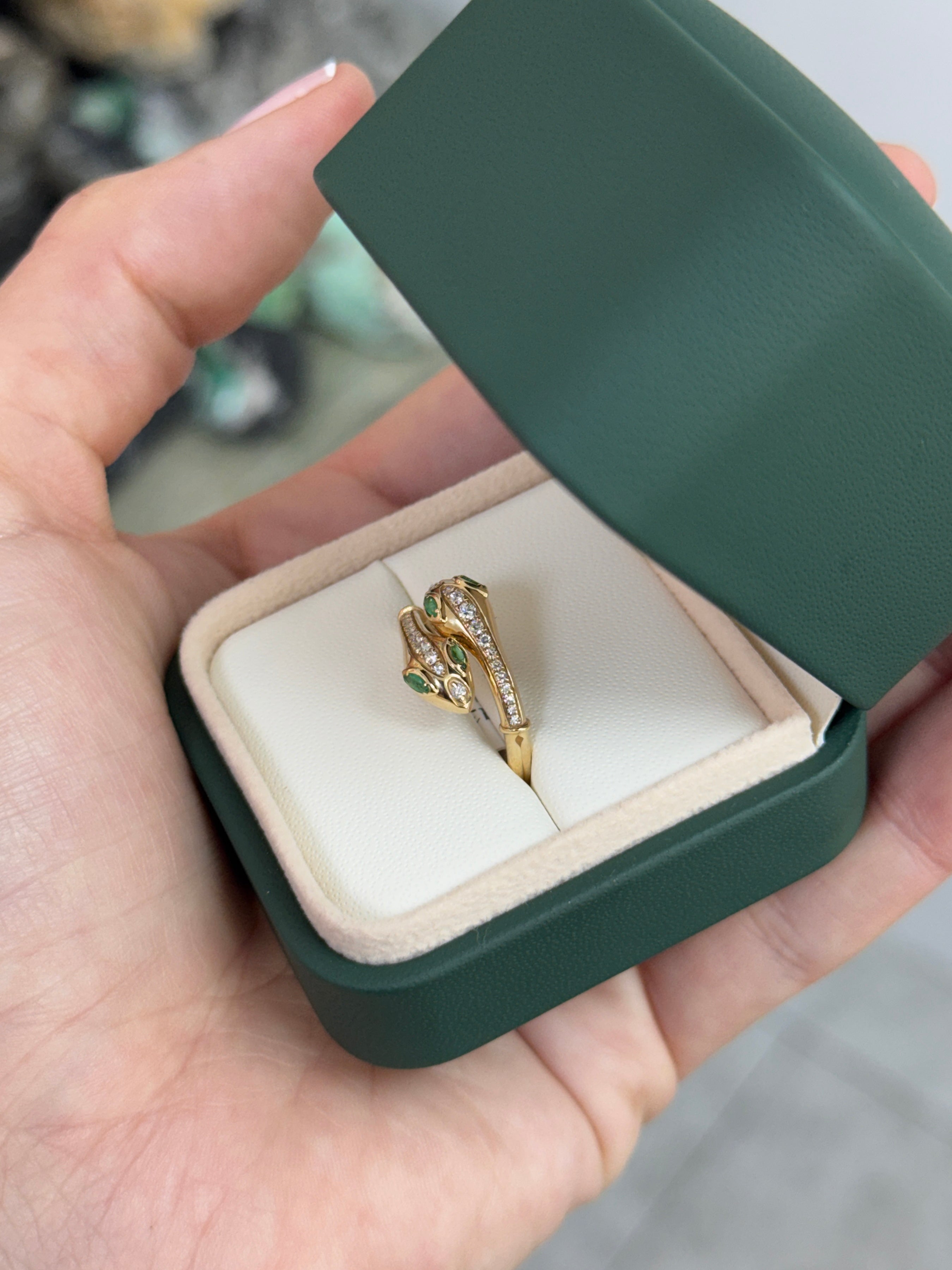 Double Serpent Head Natural Emerald & Diamond Bypass Ring 14K Gold