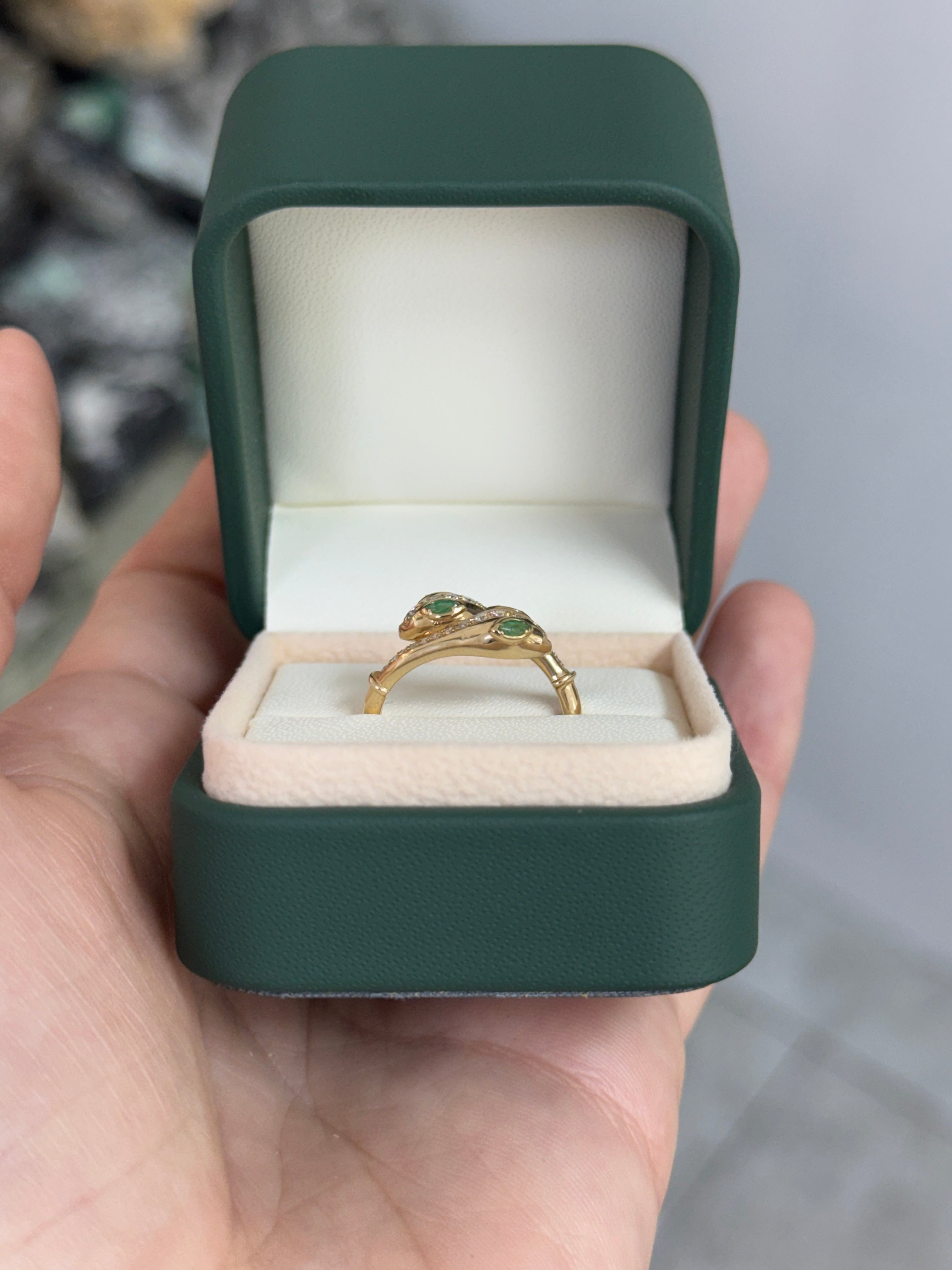 Double Serpent Head Natural Emerald & Diamond Bypass Ring 14K Gold