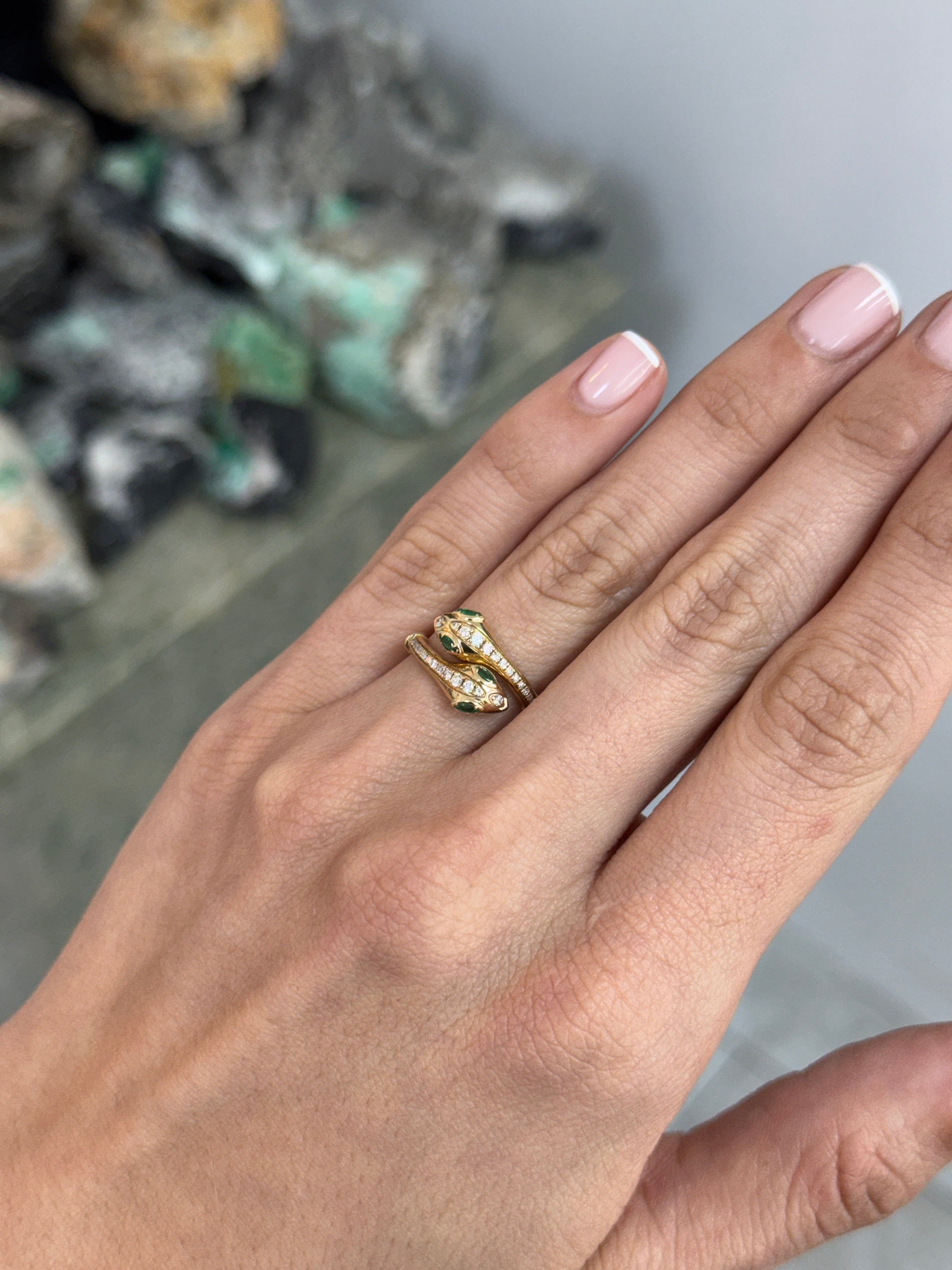 Double Serpent Head Natural Emerald & Diamond Bypass Ring 14K Gold