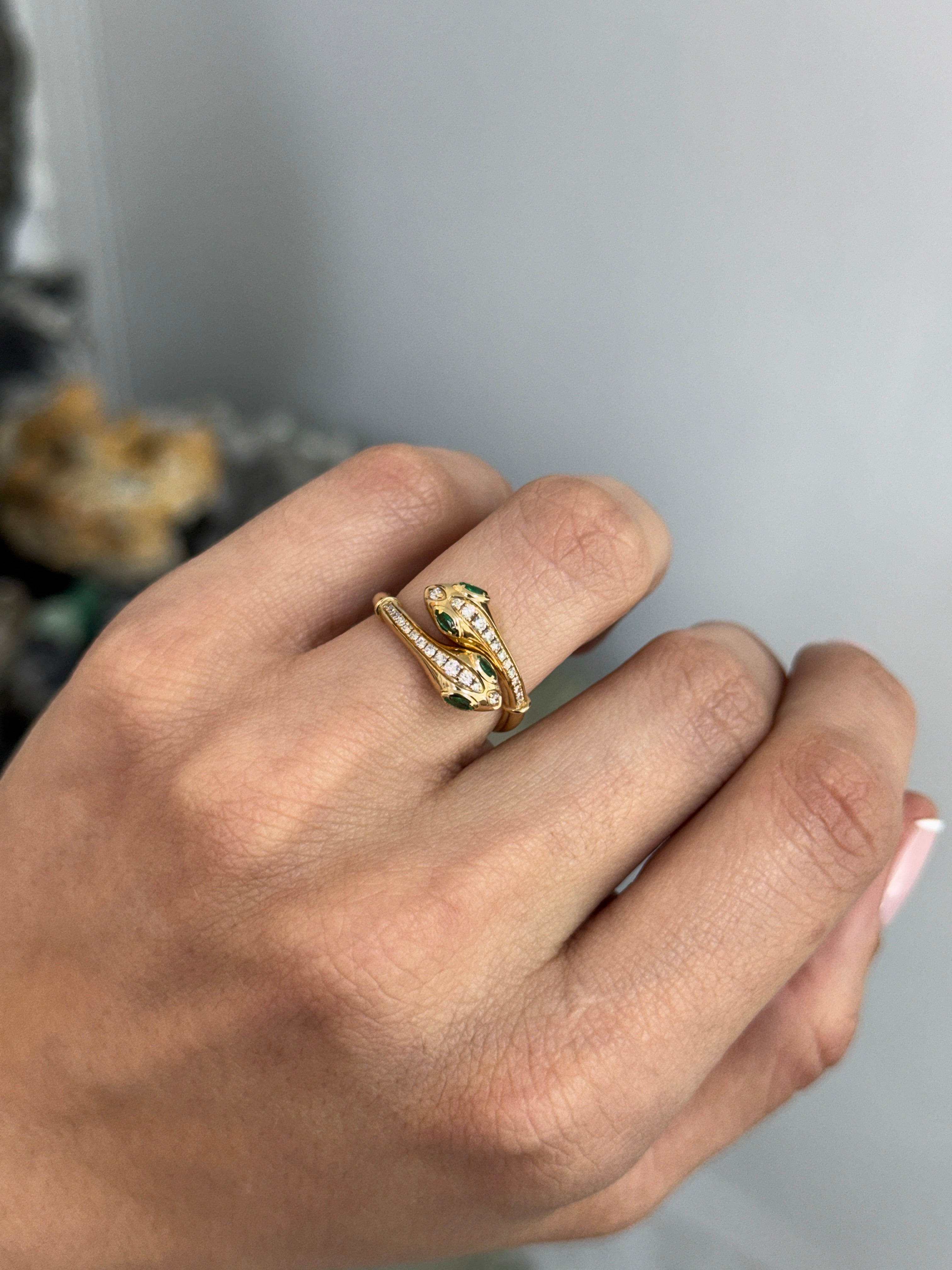 Double Serpent Head Natural Emerald & Diamond Bypass Ring 14K Gold