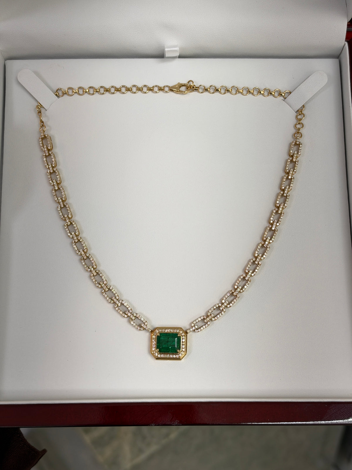 7.61tcw 18K Emerald & Diamond Halo Paperclip Link Necklace in Yellow Gold
