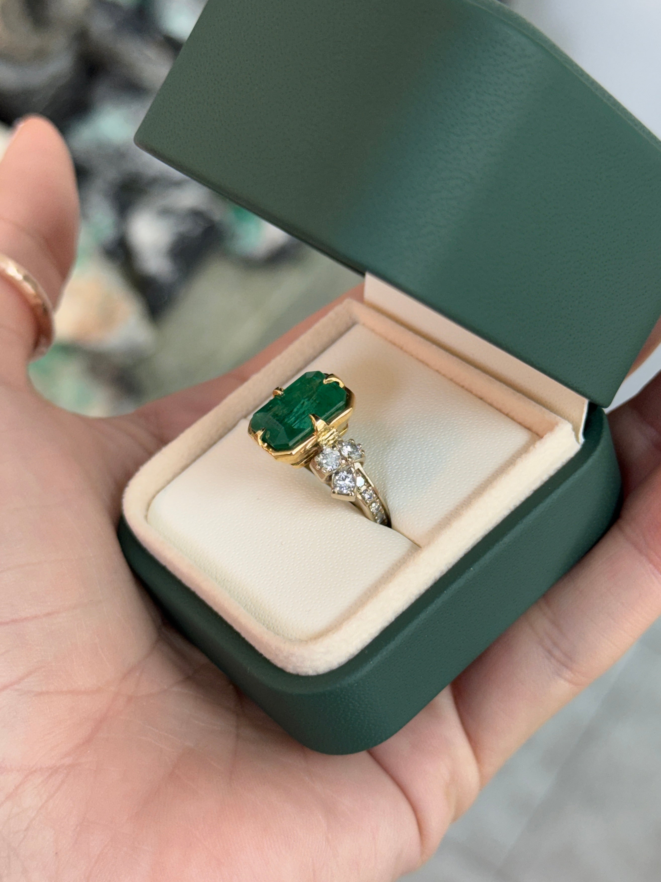 7.67ct 18K Compass Set Emerald Cut Emerald & Diamond Cluster Accent Right Hand Ring