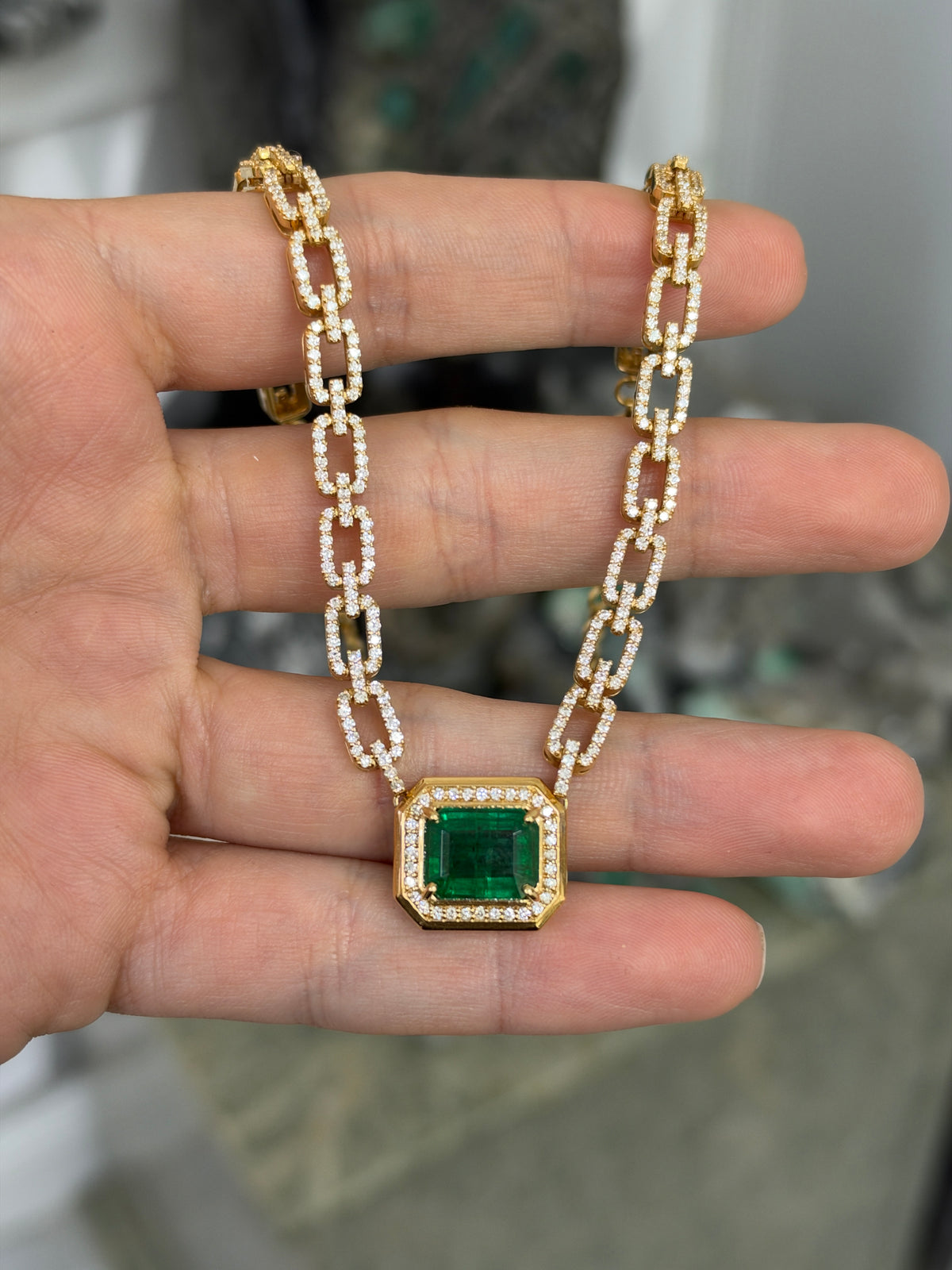7.61tcw 18K Emerald & Diamond Halo Paperclip Link Necklace in Yellow Gold