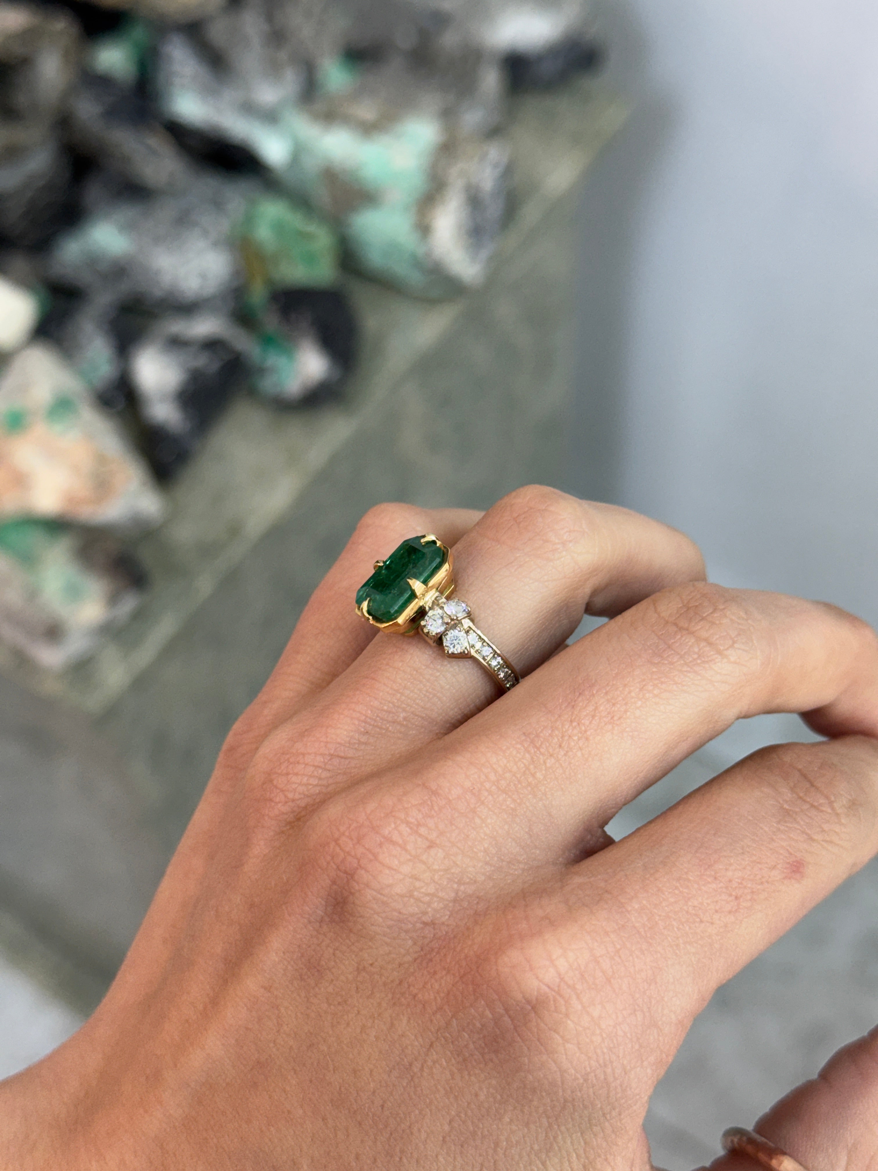 7.67ct 18K Compass Set Emerald Cut Emerald & Diamond Cluster Accent Right Hand Ring