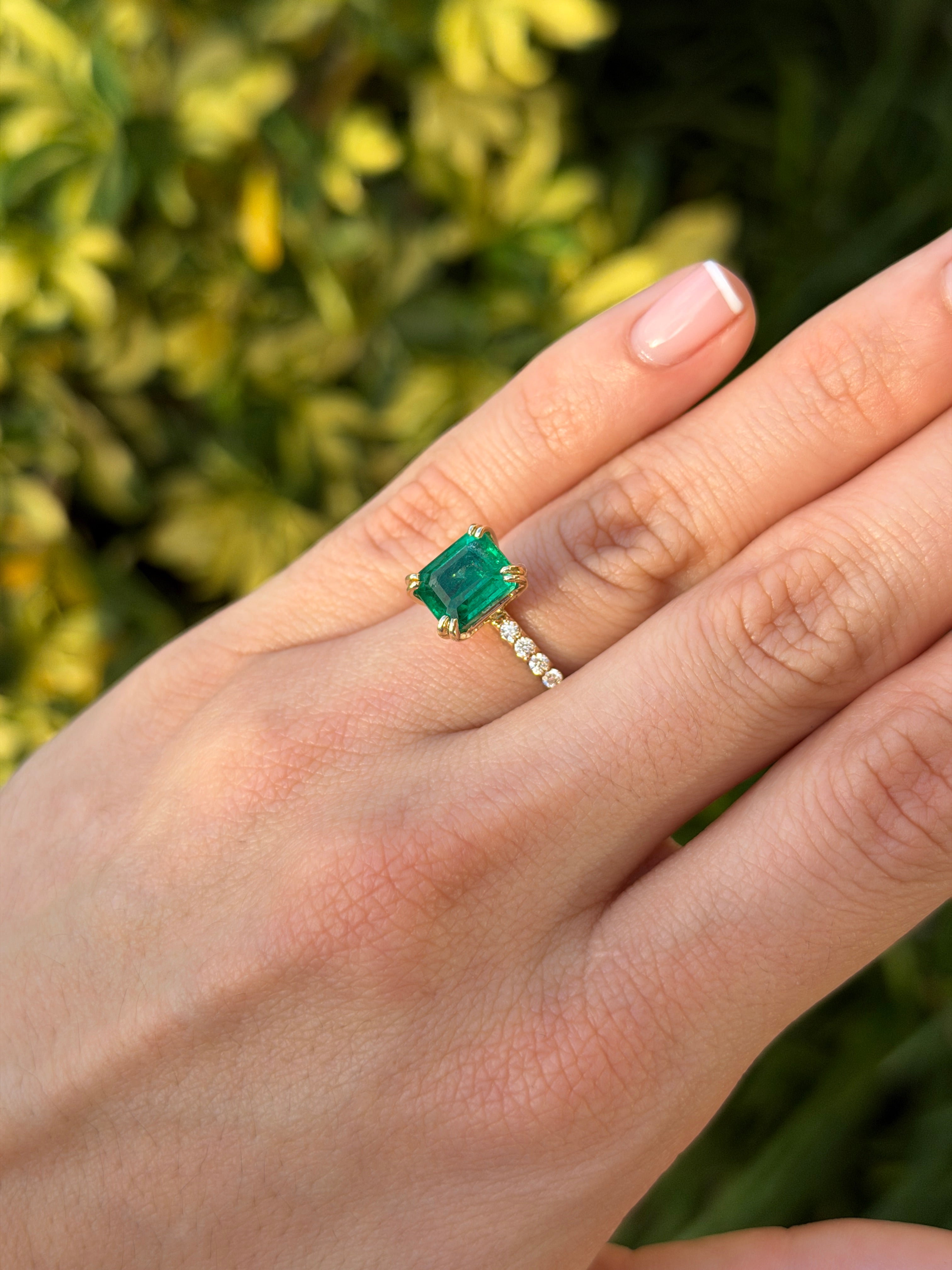 3.47 Double Prong Emerald Solitaire & Diamond Accent Engagement Ring 14K