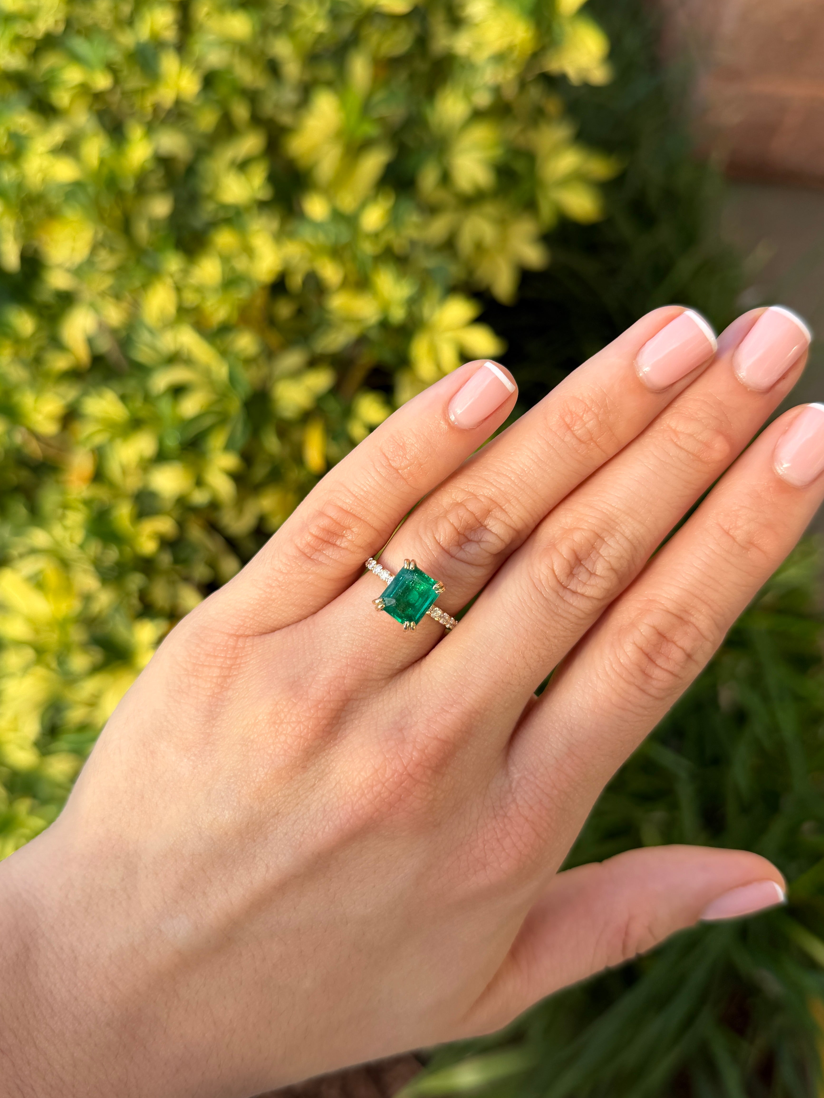 3.47 Double Prong Emerald Solitaire & Diamond Accent Engagement Ring 14K