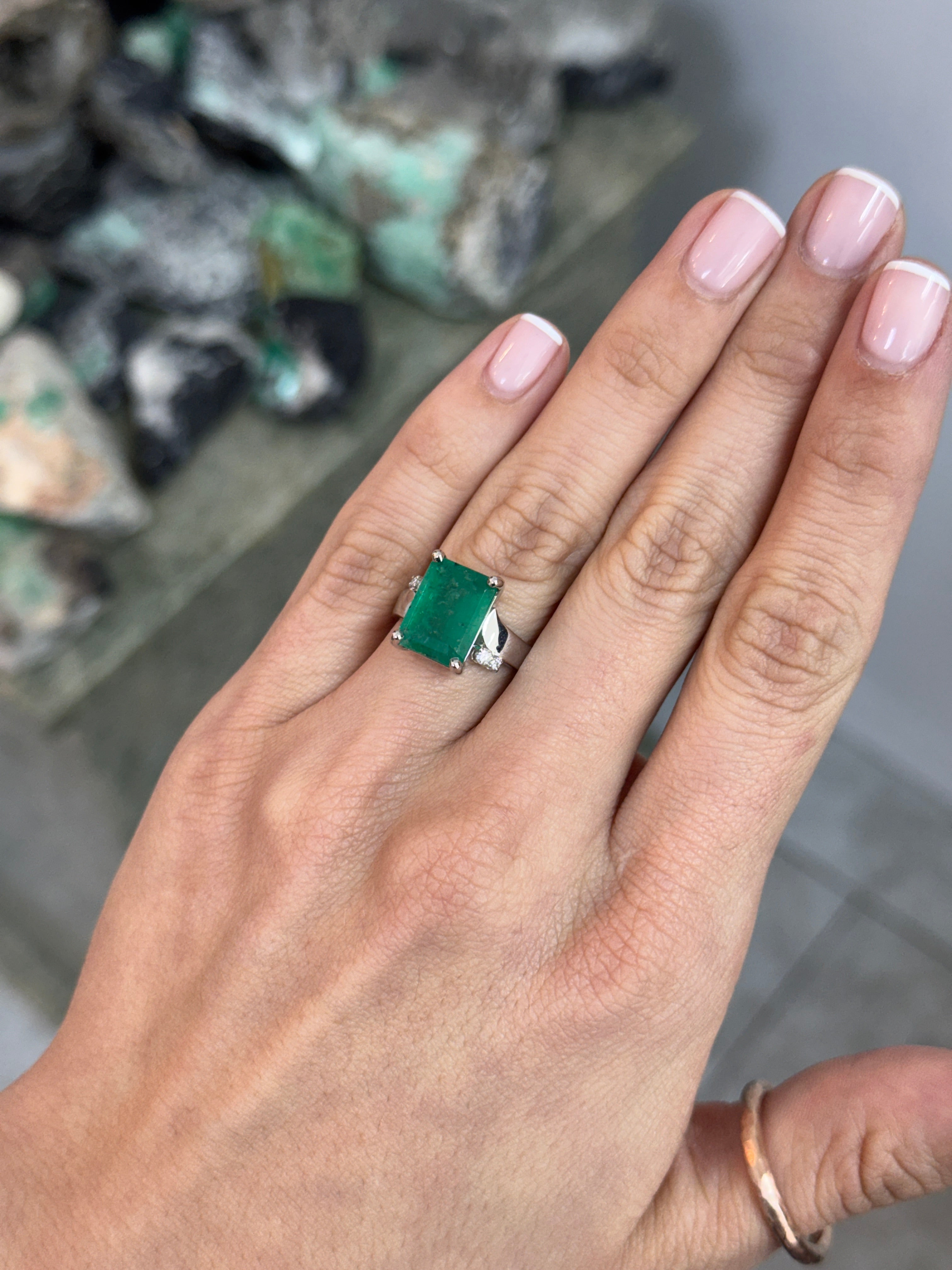 7.98tcw 14K Natural Medium Dark Green Emerald Cut Emerald & Diamond Accent Right Hand Ring