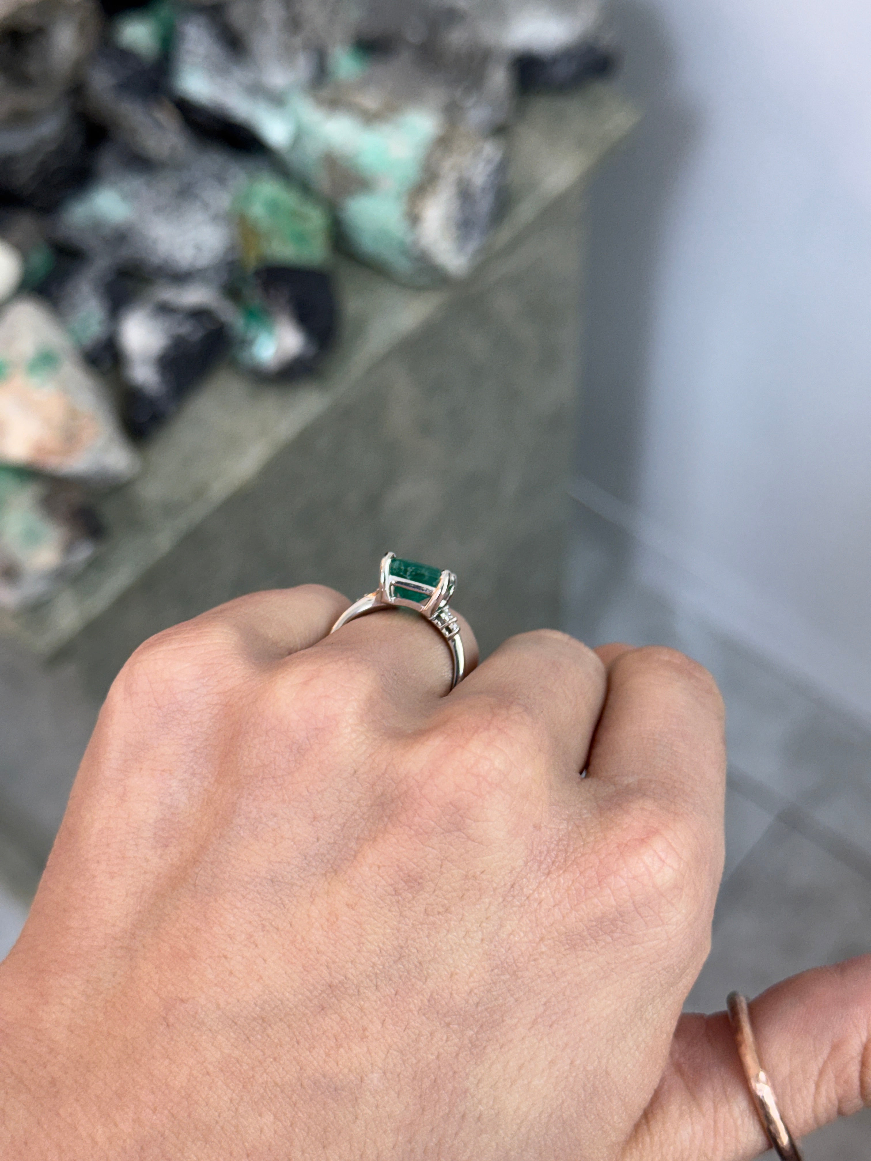 7.98tcw 14K Natural Medium Dark Green Emerald Cut Emerald & Diamond Accent Right Hand Ring