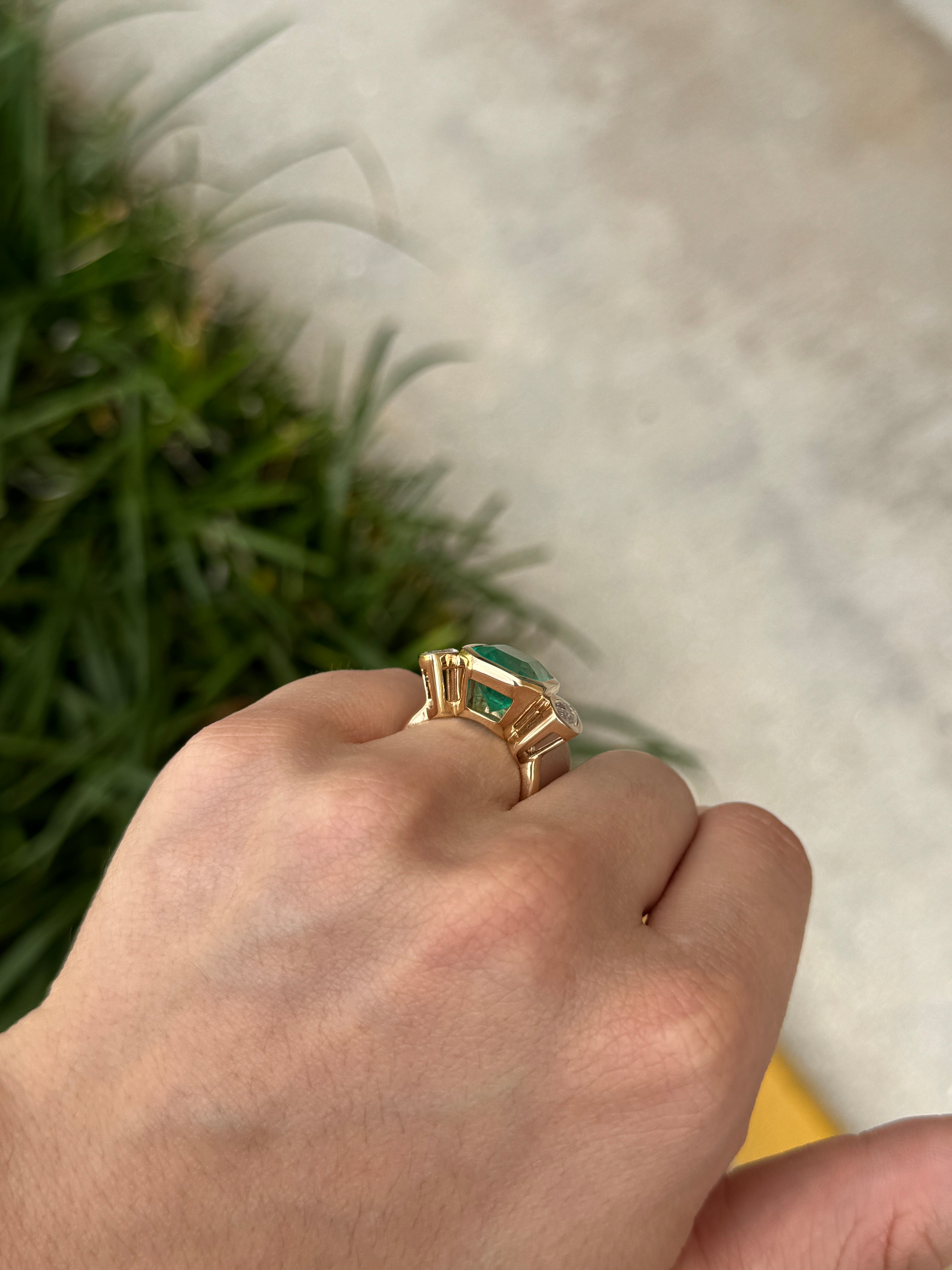 9.66tcw Emerald Cut Colombian Emerald & Marquise Diamond Bezel Triliogy 18K