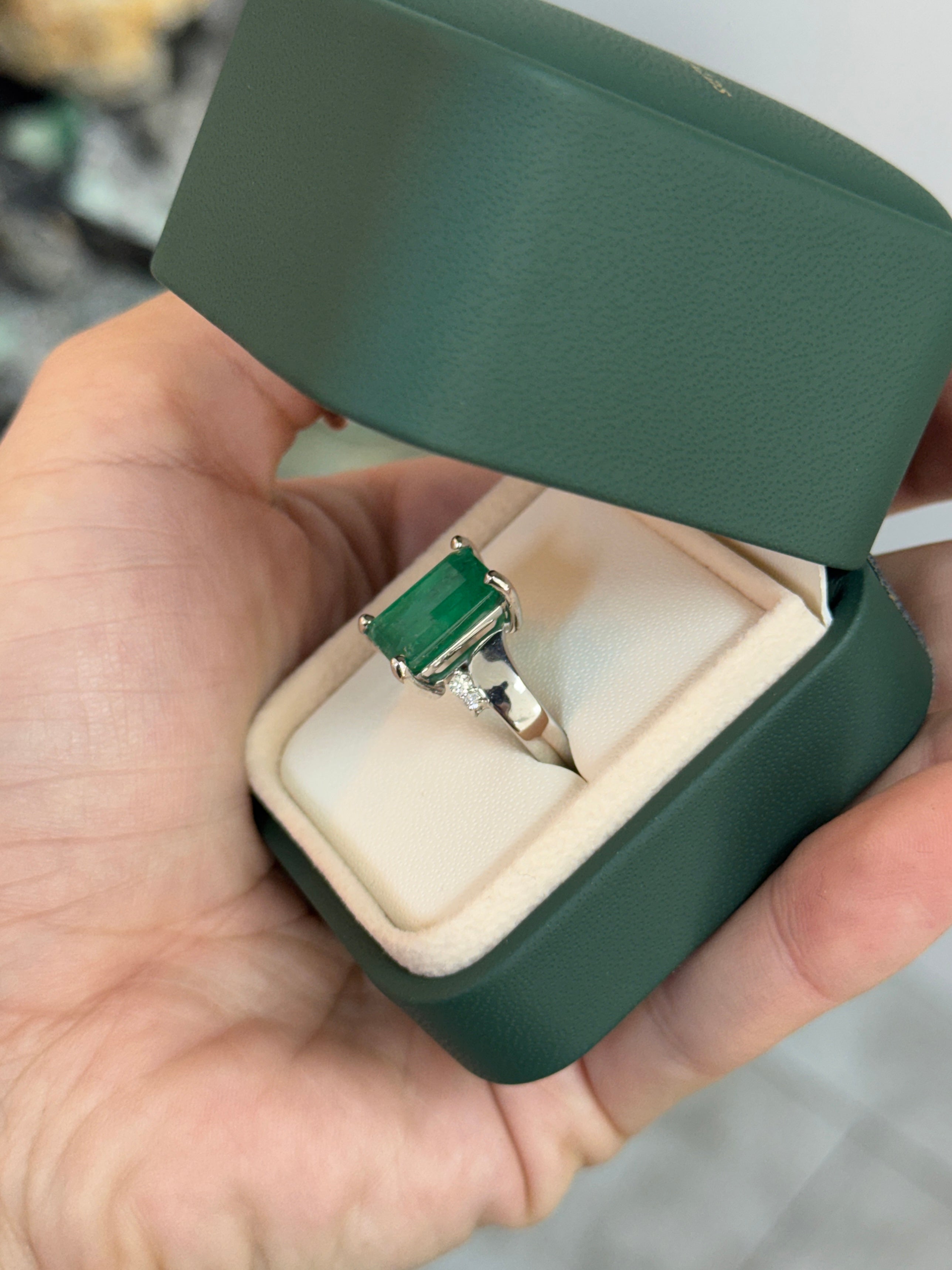 7.98tcw 14K Natural Medium Dark Green Emerald Cut Emerald & Diamond Accent Right Hand Ring